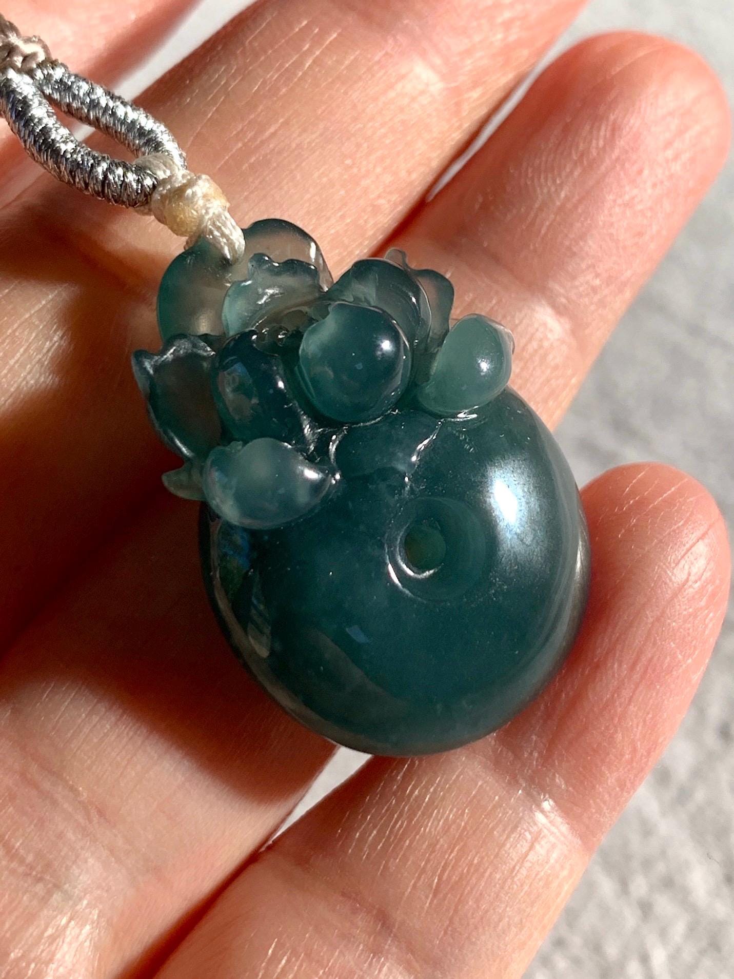 Certified Natural Guatemalan Icy Translucent Dark Teal Blue Jadeite Lotus Flower Ping An Kou Donut Pendant Rope Necklace 天然冰危深蓝翡翠莲花平安扣吊坠 019