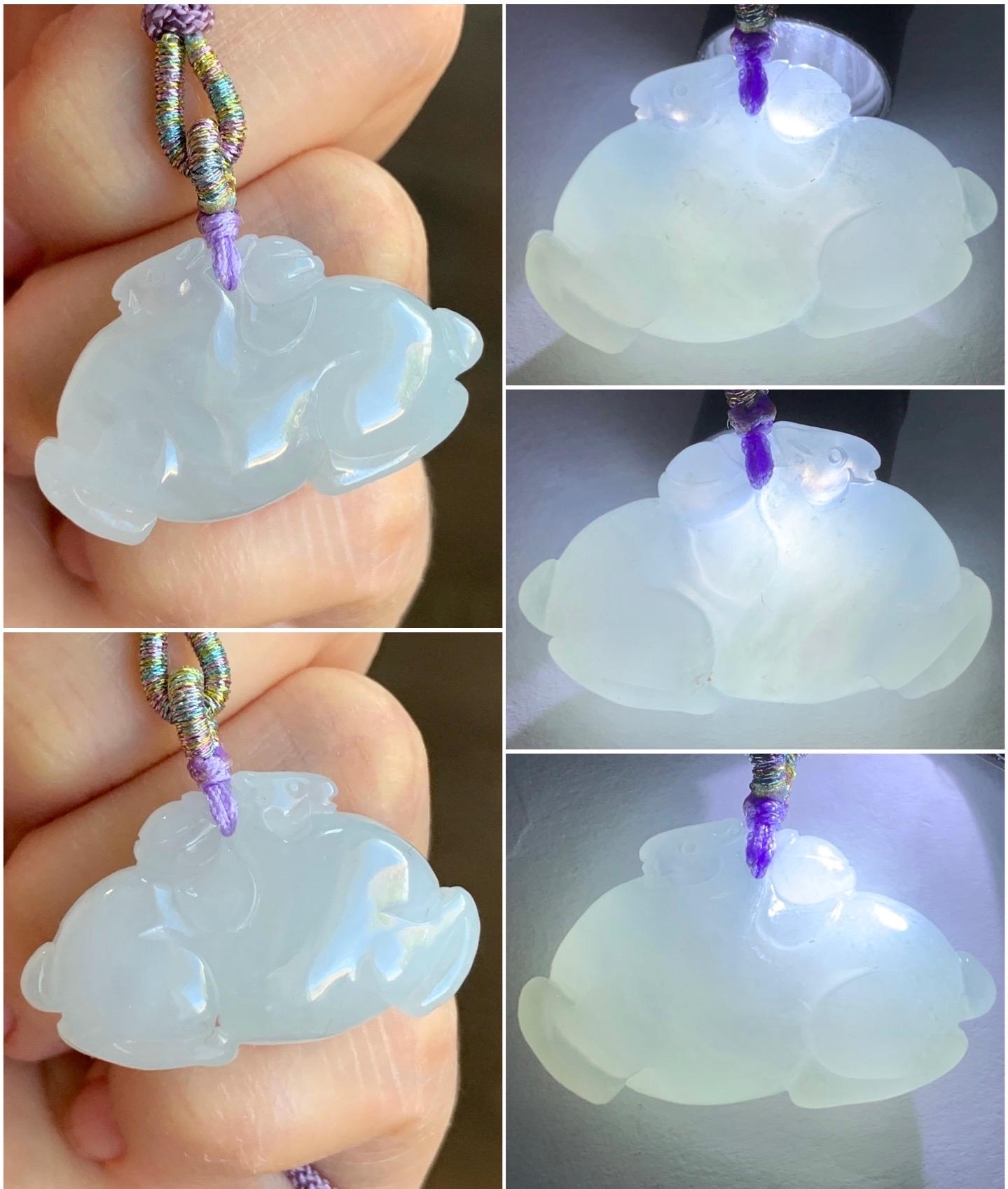 Certified Natural Burmese Grade A Icy Translucent Gelatinous White Jadeite Carved Tang Horse Pendant Rope Necklace 10.7g 天然缅甸冰胶白冰翡翠唐马挂件 6920