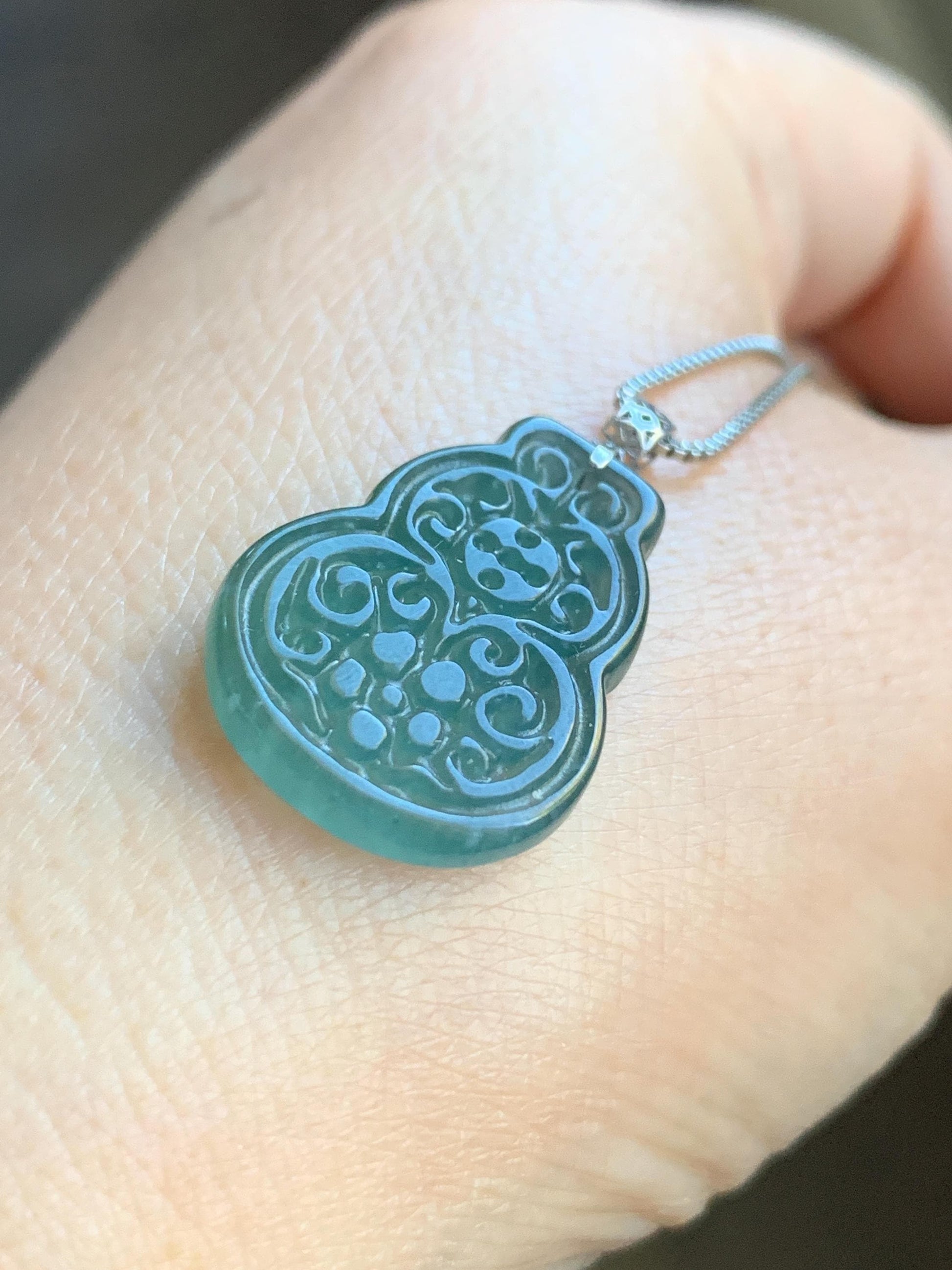 Natural Guatemalan Icy Translucent Teal Blue Jadeite Engraved Hulu Gourd Pendant 18K White Gold 3g 天然冰危蓝翡翠仿古雕葫芦镶嵌吊坠 A