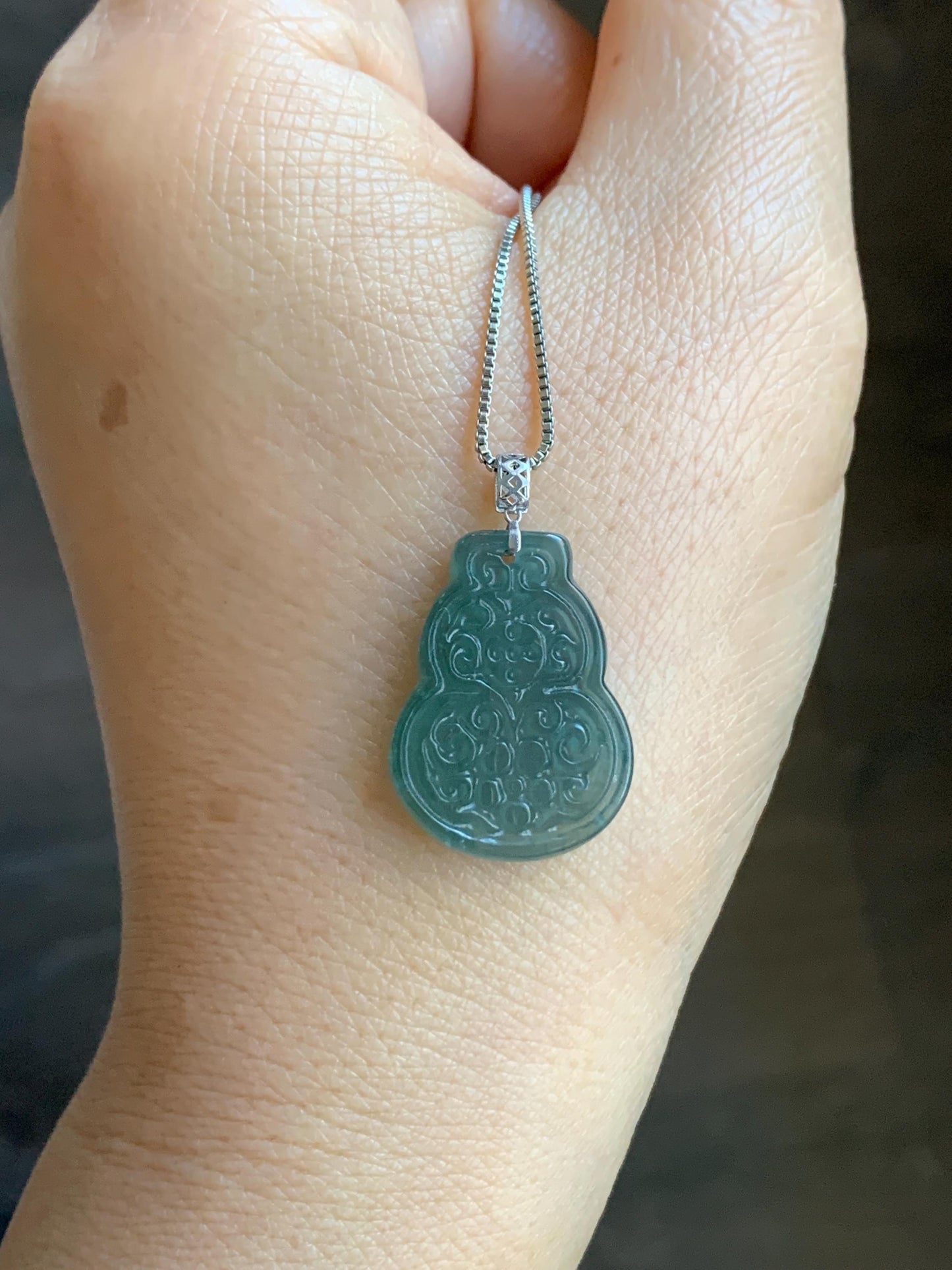 Natural Guatemalan Icy Translucent Teal Blue Jadeite Engraved Hulu Gourd Pendant 18K White Gold 3g 天然冰危蓝翡翠仿古雕葫芦镶嵌吊坠 A