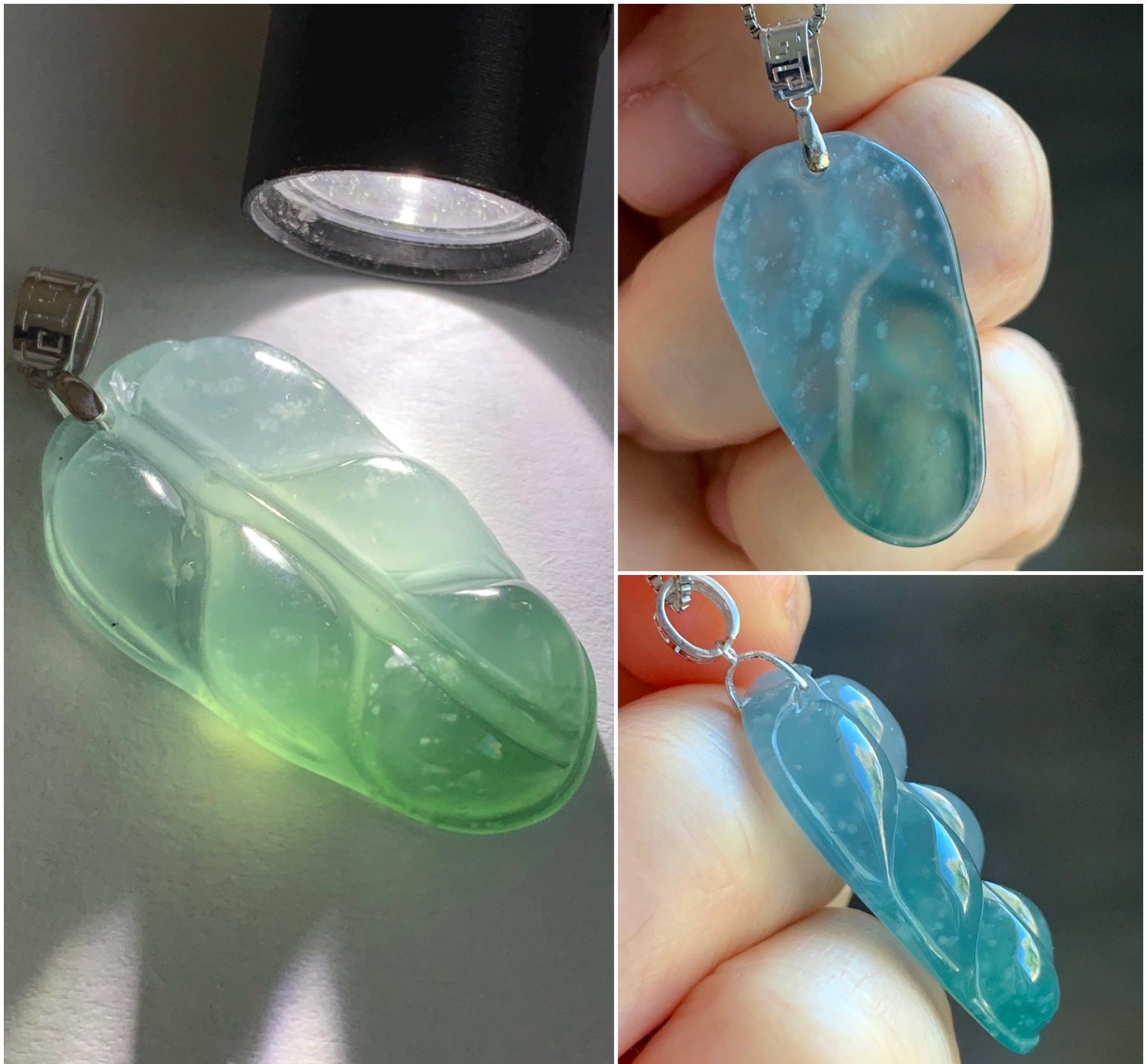 Natural Guatemalan Premium Icy Highly Translucent Light & Teal Blue Jadeite Carved Leaf Pendant 18K White Gold 5g 天然冰危蓝起光翡翠大叶有成镶嵌吊坠 HLZ825Y