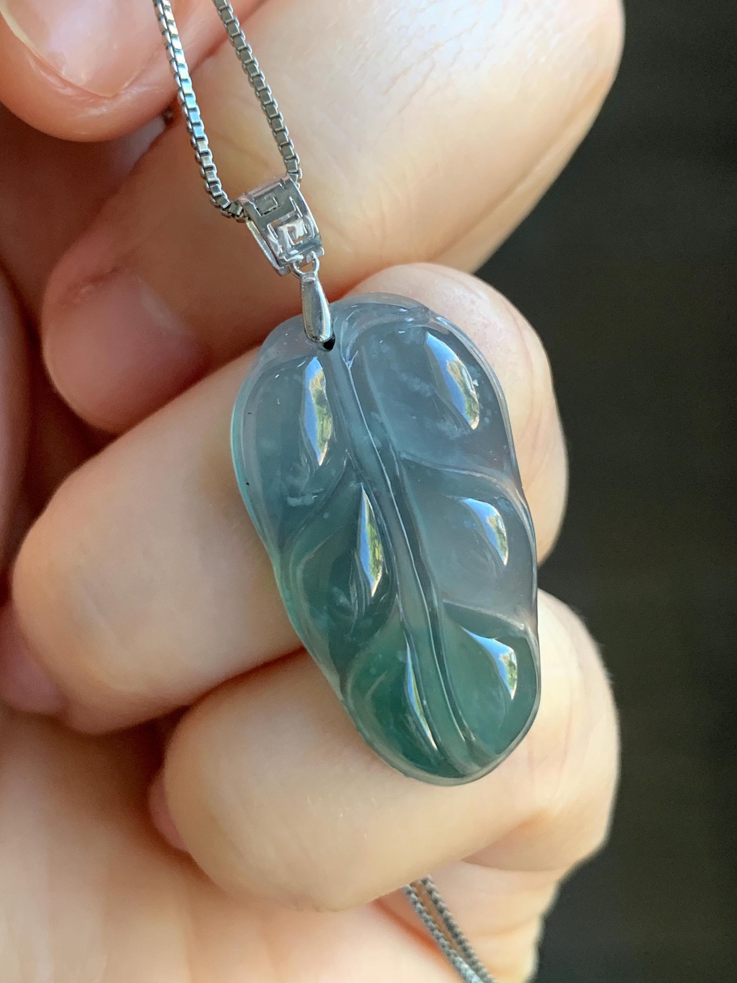 Natural Guatemalan Premium Icy Highly Translucent Light & Teal Blue Jadeite Carved Leaf Pendant 18K White Gold 5g 天然冰危蓝起光翡翠大叶有成镶嵌吊坠 HLZ825Y