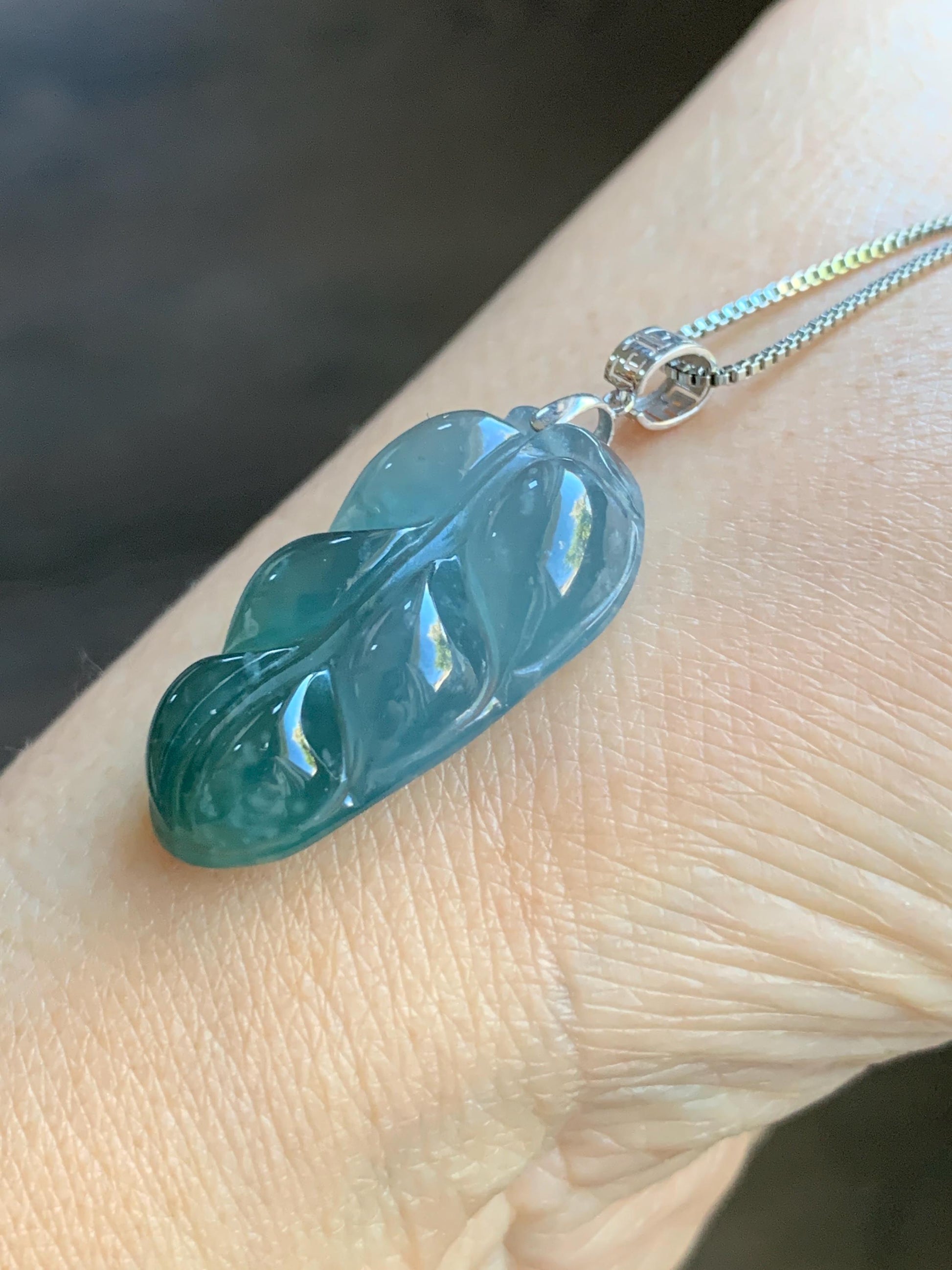 Natural Guatemalan Premium Icy Highly Translucent Light & Teal Blue Jadeite Carved Leaf Pendant 18K White Gold 5g 天然冰危蓝起光翡翠大叶有成镶嵌吊坠 HLZ825Y