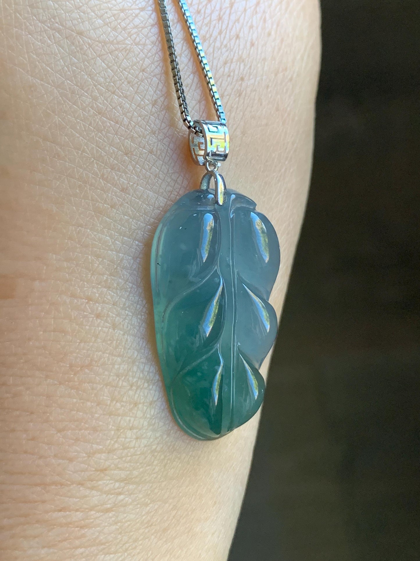 Natural Guatemalan Premium Icy Highly Translucent Light & Teal Blue Jadeite Carved Leaf Pendant 18K White Gold 5g 天然冰危蓝起光翡翠大叶有成镶嵌吊坠 HLZ825Y