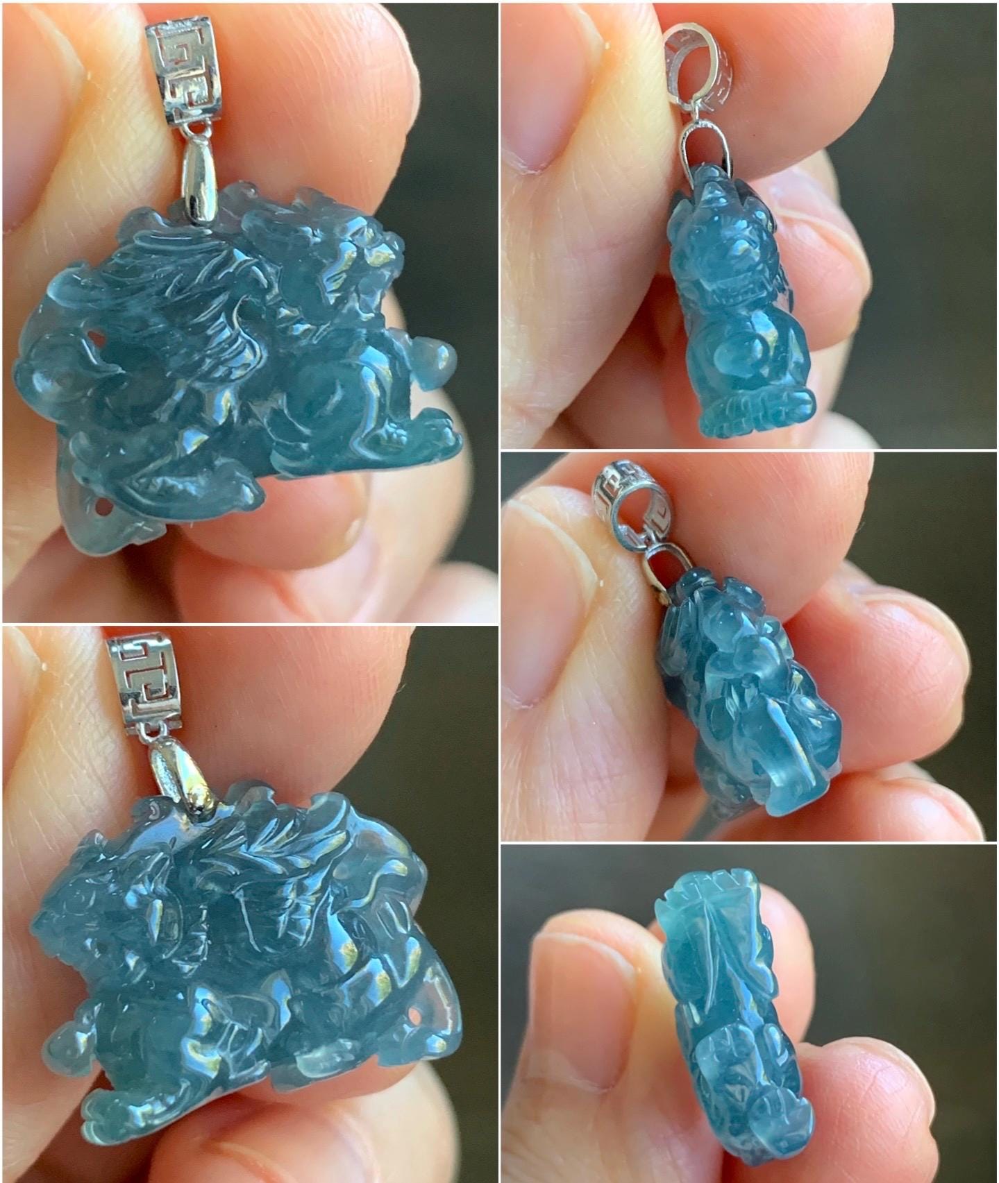 Natural Guatemalan Premium Icy Highly Translucent Gelatinous Blue Jadeite Flying Pixiu Pendant 18K White Gold 4g 天然老种冰胶危蓝翡翠精工飞天貔貅吊坠 XFT1019C