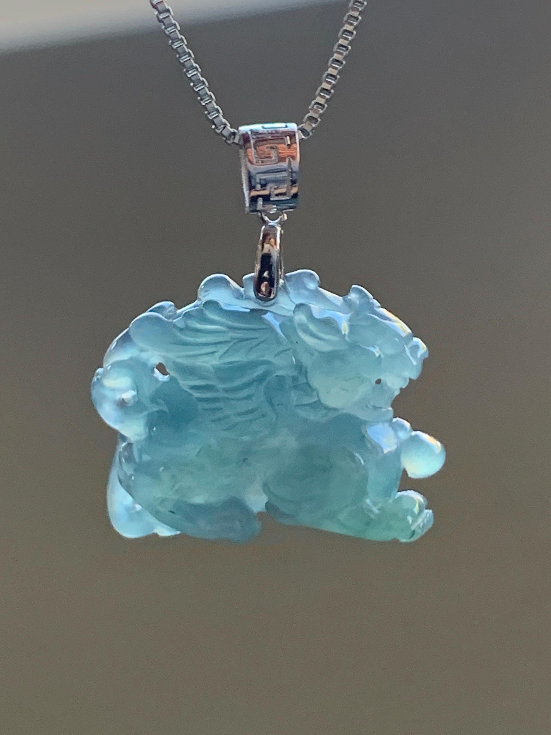 Natural Guatemalan Premium Icy Highly Translucent Gelatinous Blue Jadeite Flying Pixiu Pendant 18K White Gold 4g 天然老种冰胶危蓝翡翠精工飞天貔貅吊坠 XFT1019C