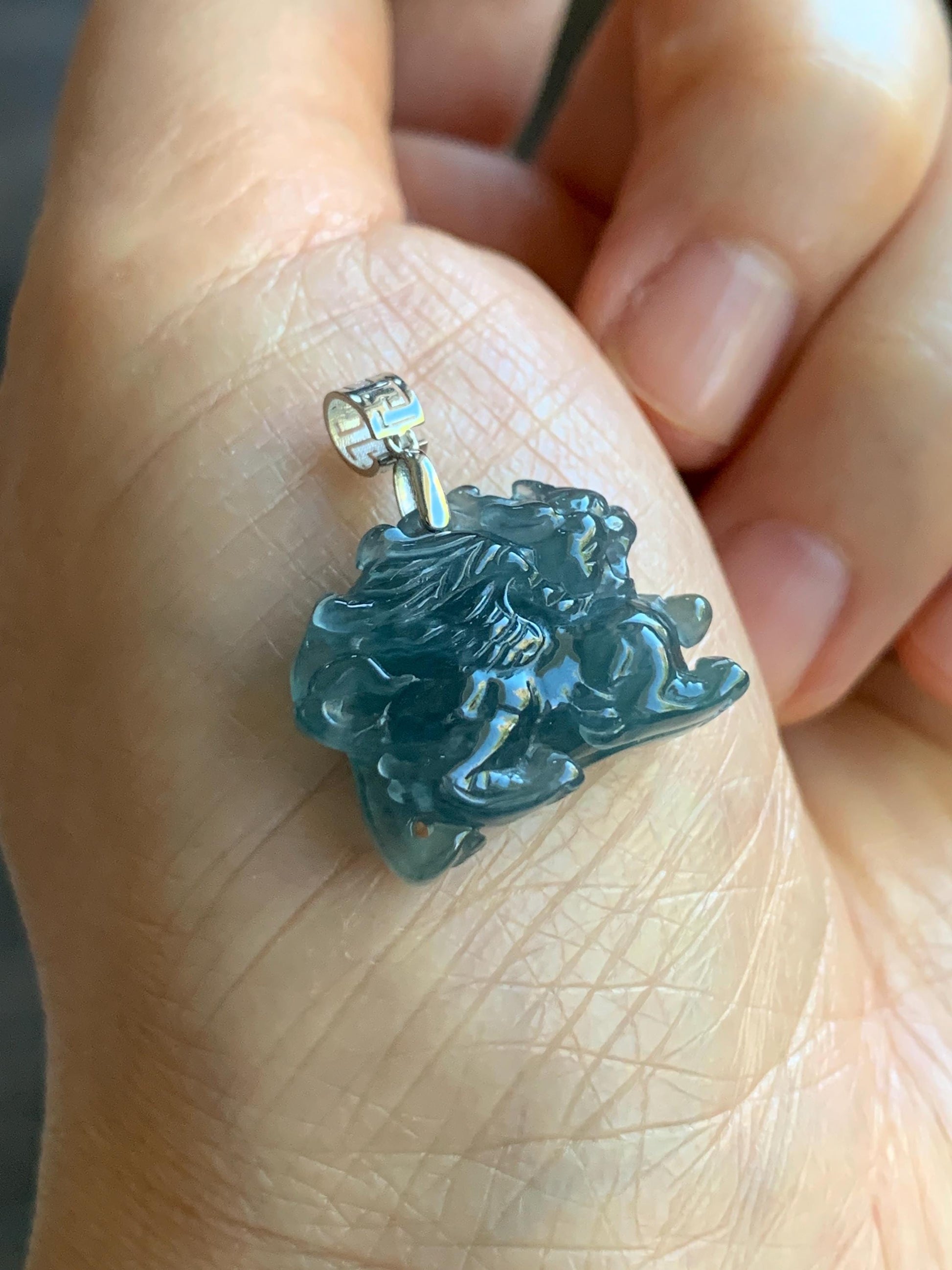 Natural Guatemalan Premium Icy Highly Translucent Gelatinous Blue Jadeite Flying Pixiu Pendant 18K White Gold 4g 天然老种冰胶危蓝翡翠精工飞天貔貅吊坠 XFT1019C