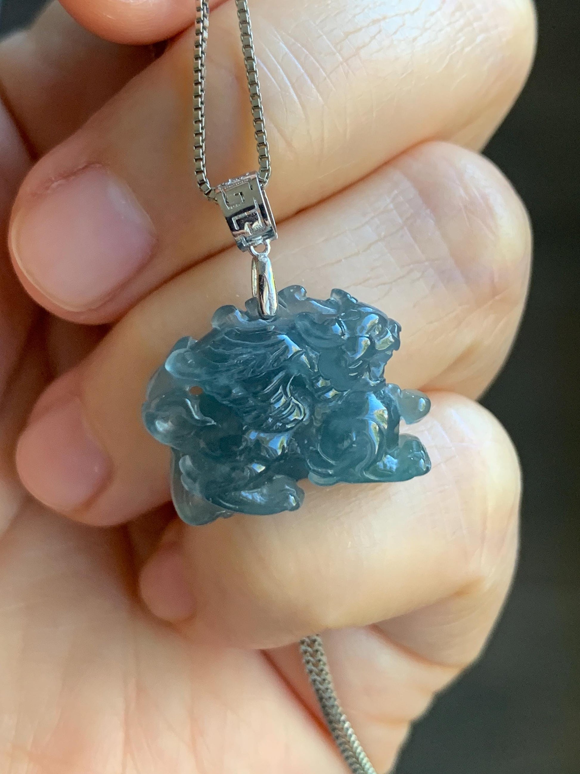 Natural Guatemalan Premium Icy Highly Translucent Gelatinous Blue Jadeite Flying Pixiu Pendant 18K White Gold 4g 天然老种冰胶危蓝翡翠精工飞天貔貅吊坠 XFT1019C