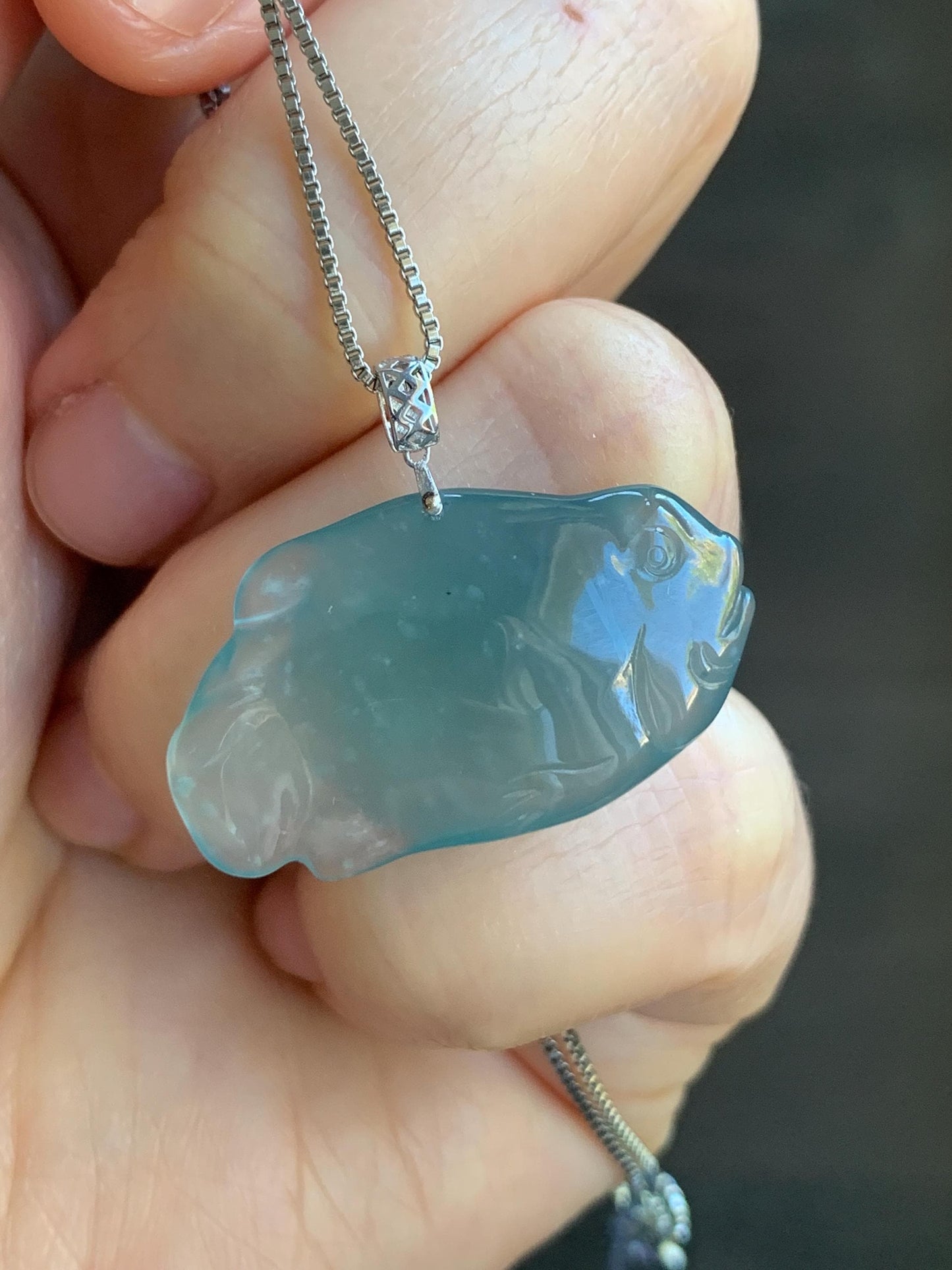 Natural Grade A Guatemalan Icy Translucent Gelatinous Old Mine Teal Blue Jadeite Fish Pendant 18K White Gold 5g 天然老种冰胶危蓝翡翠鱼镶嵌吊坠 B