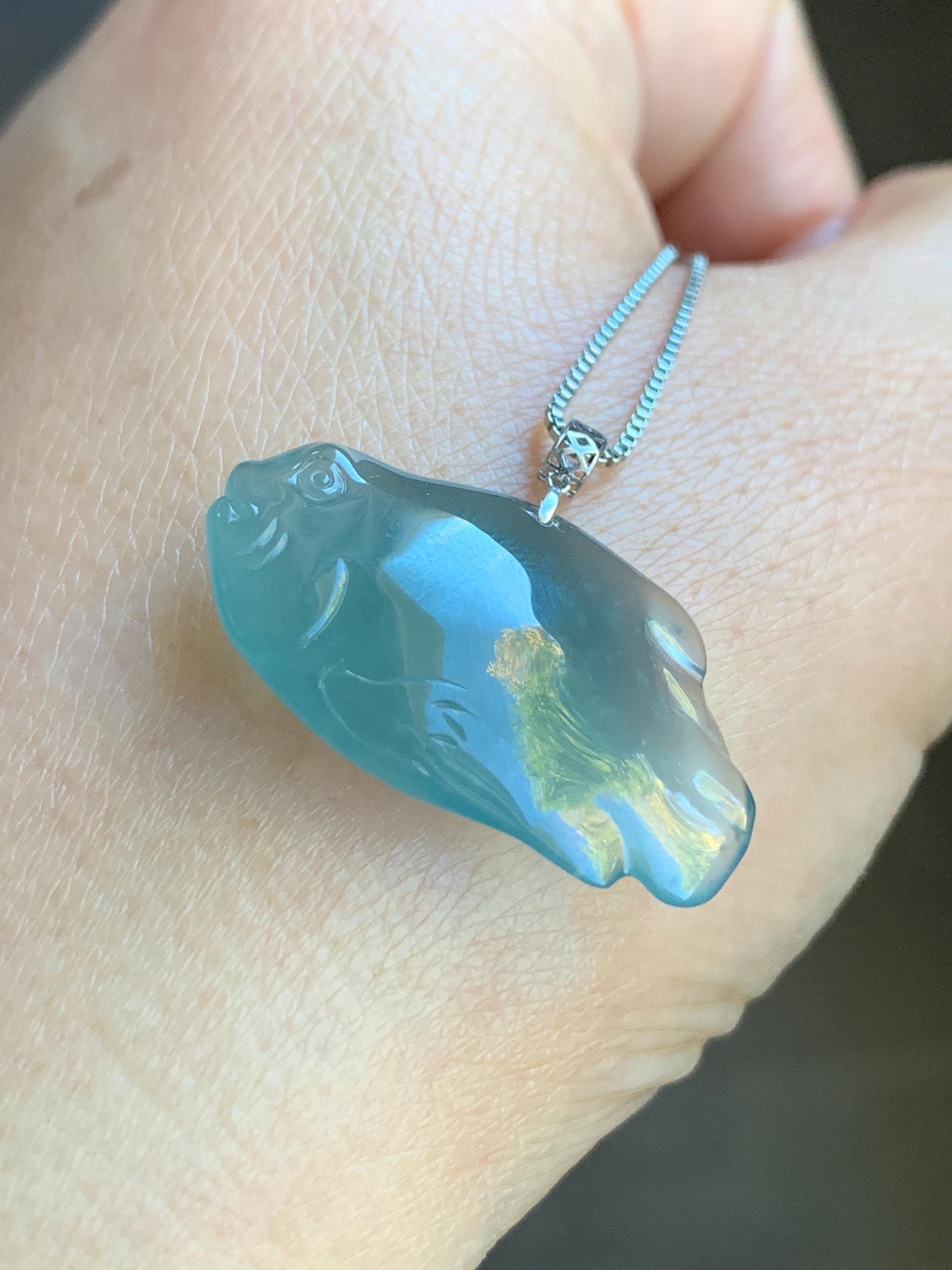 Natural Grade A Guatemalan Icy Translucent Gelatinous Old Mine Teal Blue Jadeite Fish Pendant 18K White Gold 5g 天然老种冰胶危蓝翡翠鱼镶嵌吊坠 B