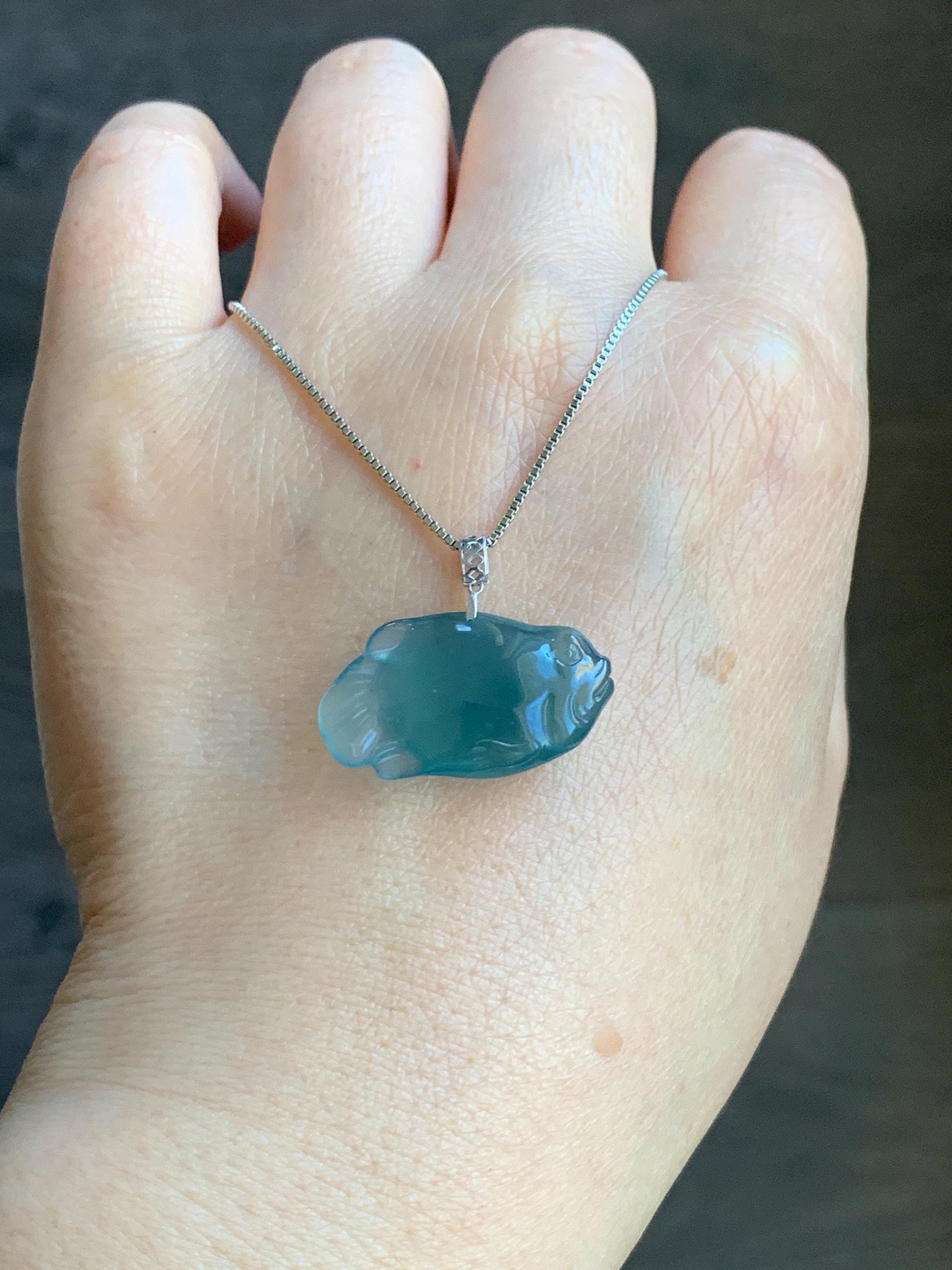 Natural Grade A Guatemalan Icy Translucent Gelatinous Old Mine Teal Blue Jadeite Fish Pendant 18K White Gold 4g 天然老种冰胶危蓝翡翠鱼镶嵌吊坠 A