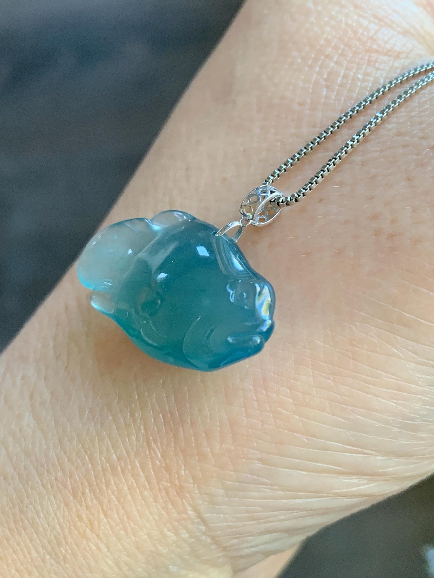 Natural Grade A Guatemalan Icy Translucent Gelatinous Old Mine Teal Blue Jadeite Fish Pendant 18K White Gold 4g 天然老种冰胶危蓝翡翠鱼镶嵌吊坠 A