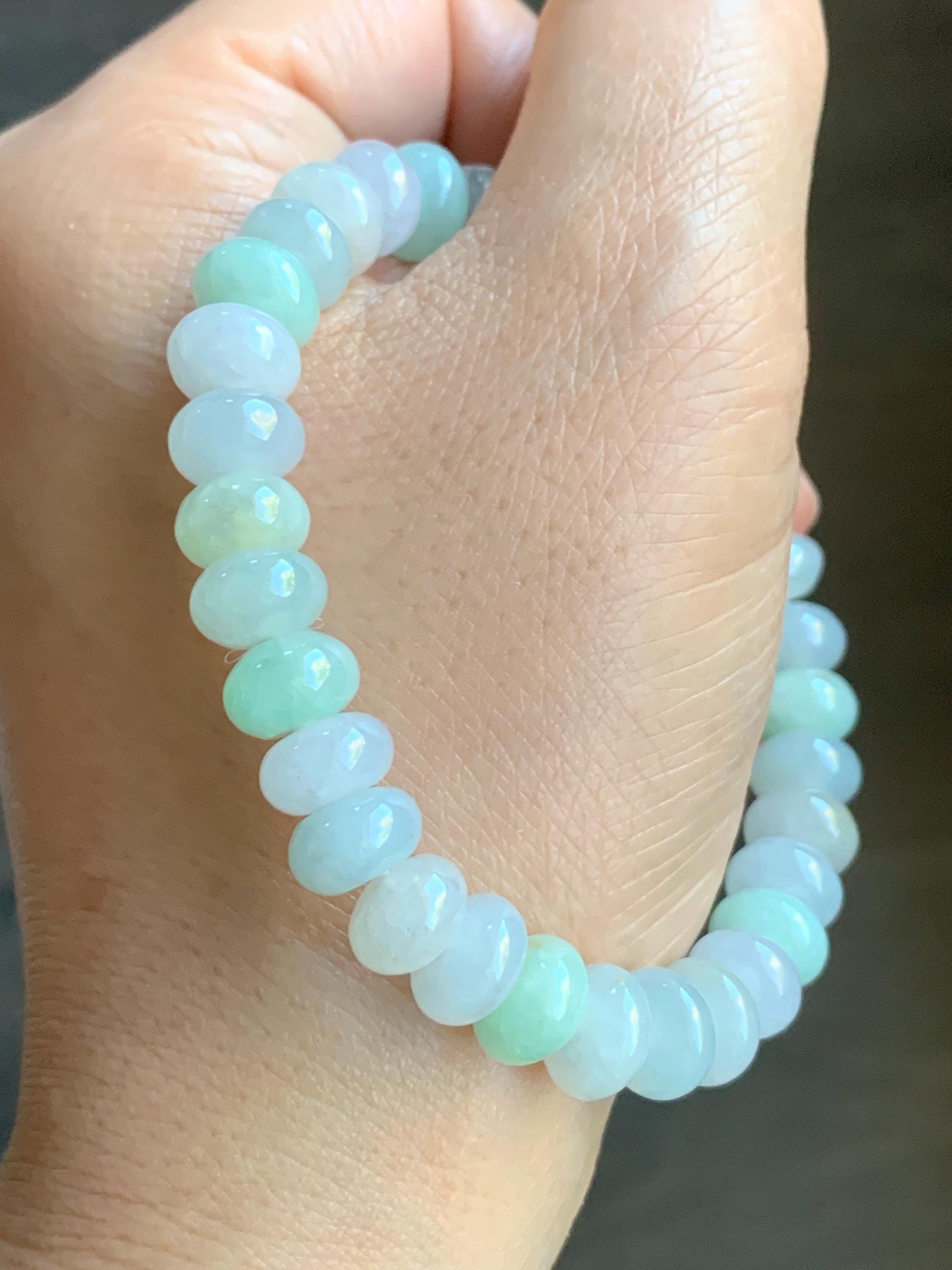 Certified Natural Burmese Icy Translucent Multicolored Jadeite Drum Beads Beaded Bracelet Stretchy 7” 27g 天然缅甸冰胶多宝翡翠鼓珠手串 3009