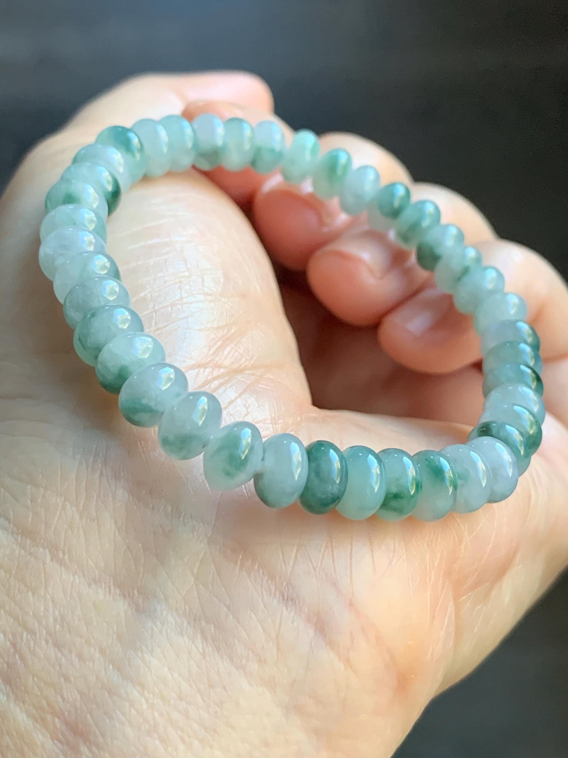 Natural Burmese Icy Translucent Light Green Teal Green Marbled Jadeite Drum Beads Beaded Bracelet Stretchy 6” 15g 天然缅甸冰胶晴色飘花翡翠鼓珠手串 SH919