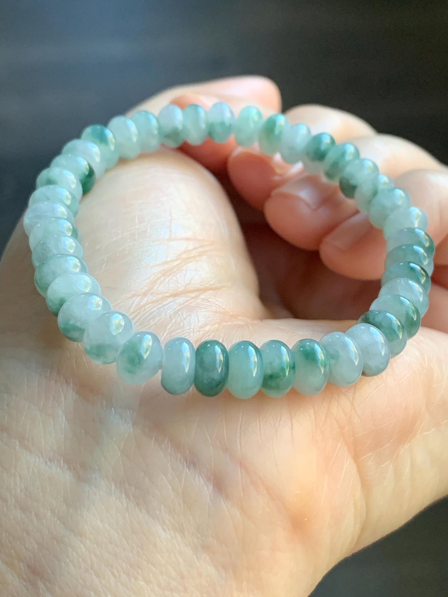 Natural Burmese Icy Translucent Light Green Teal Green Marbled Jadeite Drum Beads Beaded Bracelet Stretchy 6” 15g 天然缅甸冰胶晴色飘花翡翠鼓珠手串 SH919