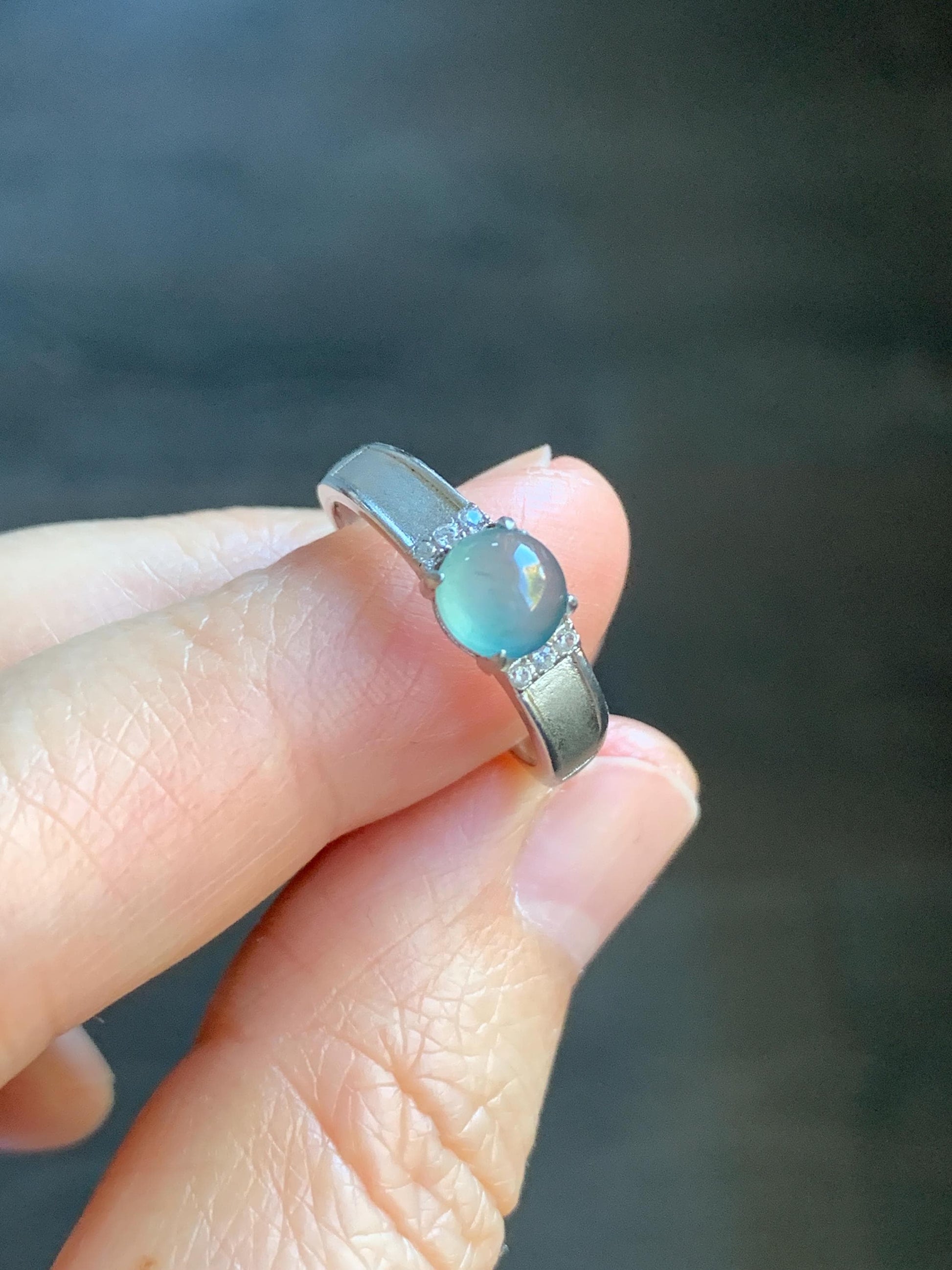 Natural Guatemalan Icy Translucent Pale Teal Blue Jadeite Round Solitaire Ring Sterling Silver Size 7 Adjustable 天然冰危淡蓝翡翠蛋面银镶戒指 WXL73