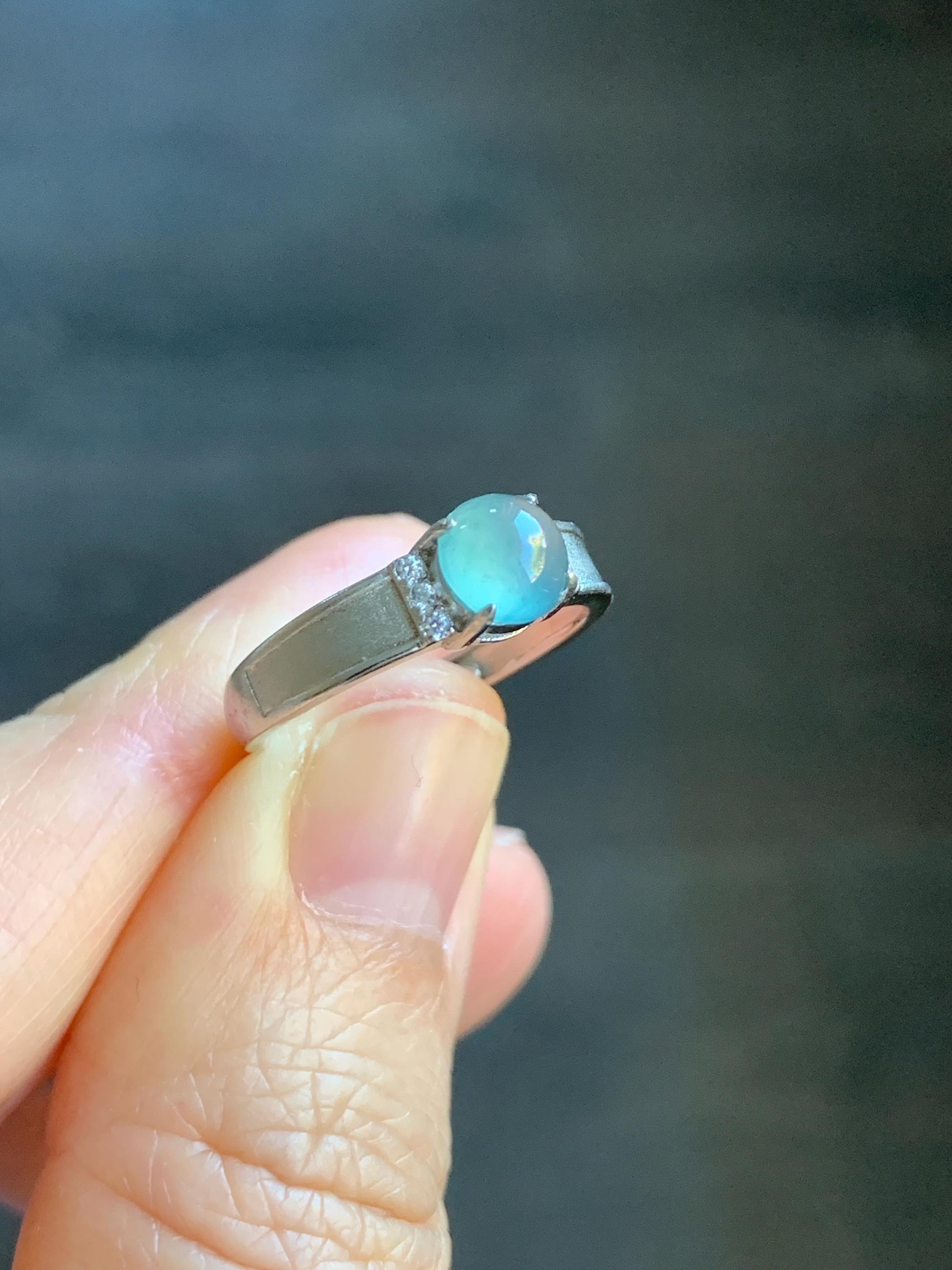 Natural Guatemalan Icy Translucent Pale Teal Blue Jadeite Round Solitaire Ring Sterling Silver Size 7 Adjustable 天然冰危淡蓝翡翠蛋面银镶戒指 WXL73