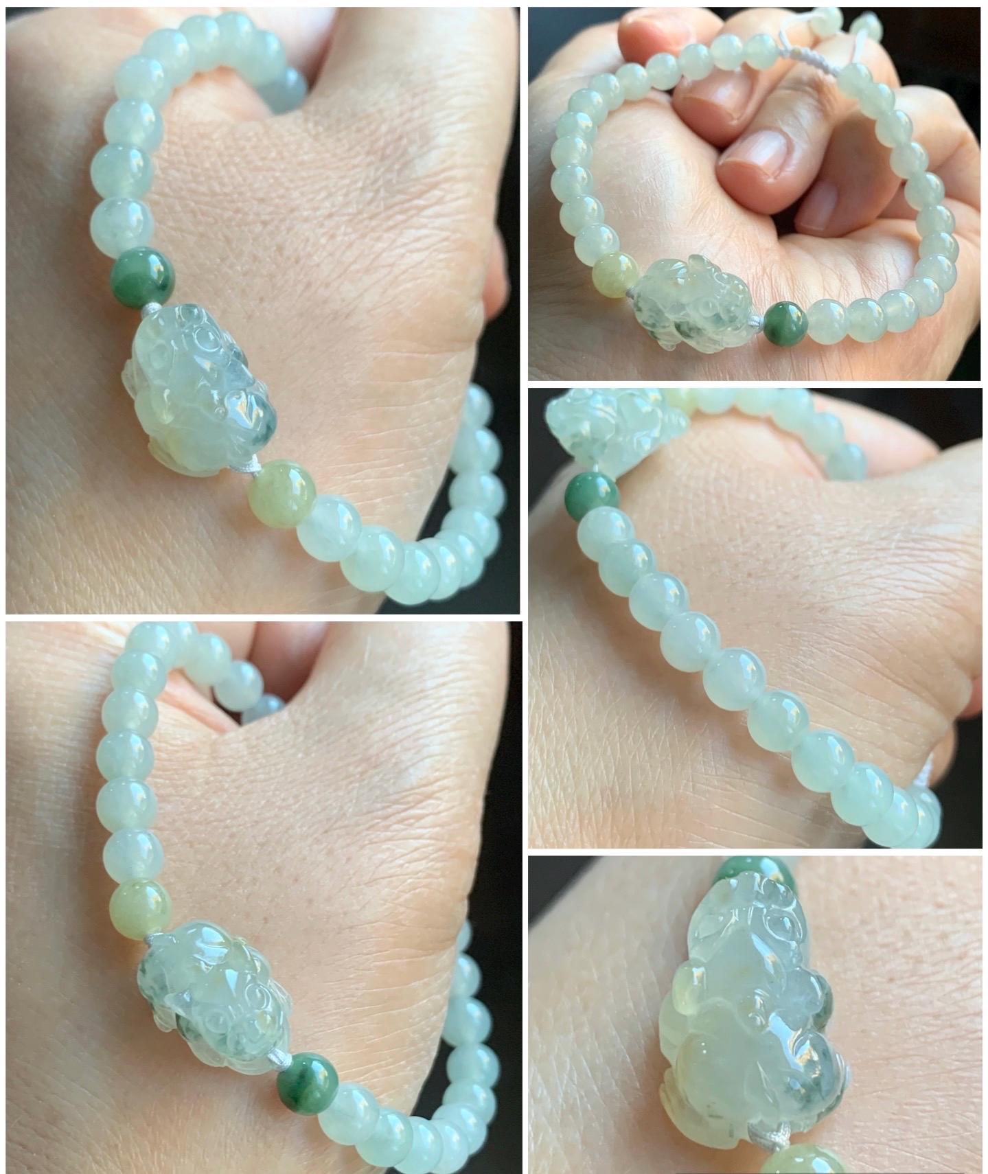 Natural Burmese Icy Translucent Gelatinous Light Beige Teal Green Marbled Jadeite Pixiu Beaded Bracelet 6mm 6.75” 12g 天然缅甸冰胶冰黄飘花翡翠貔貅手串