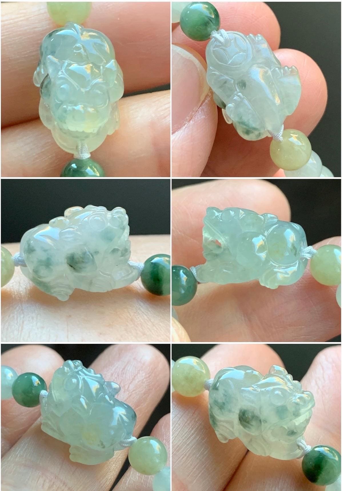 Natural Burmese Icy Translucent Gelatinous Light Beige Teal Green Marbled Jadeite Pixiu Beaded Bracelet 6mm 6.75” 12g 天然缅甸冰胶冰黄飘花翡翠貔貅手串