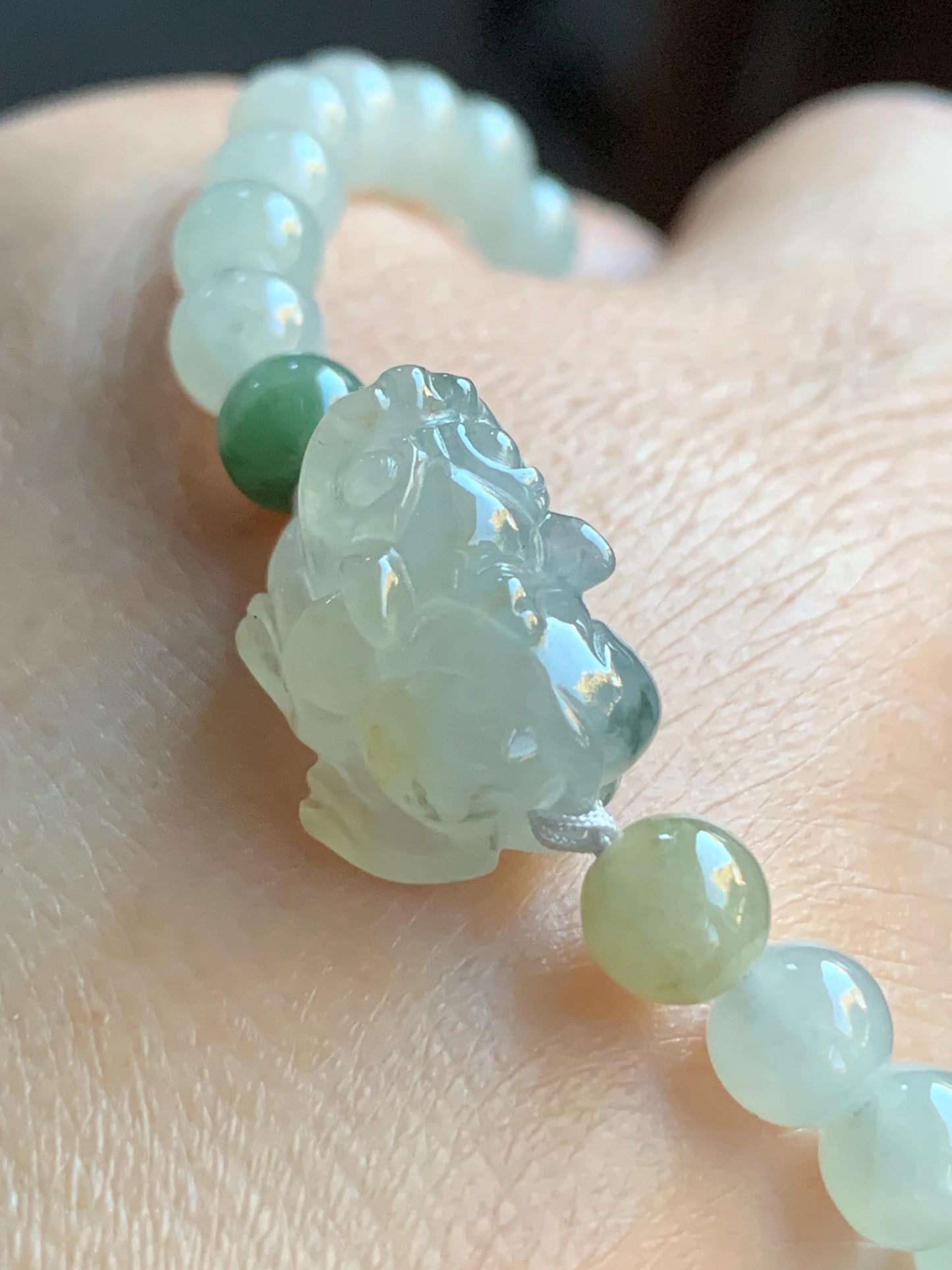 Natural Burmese Icy Translucent Gelatinous Light Beige Teal Green Marbled Jadeite Pixiu Beaded Bracelet 6mm 6.75” 12g 天然缅甸冰胶冰黄飘花翡翠貔貅手串