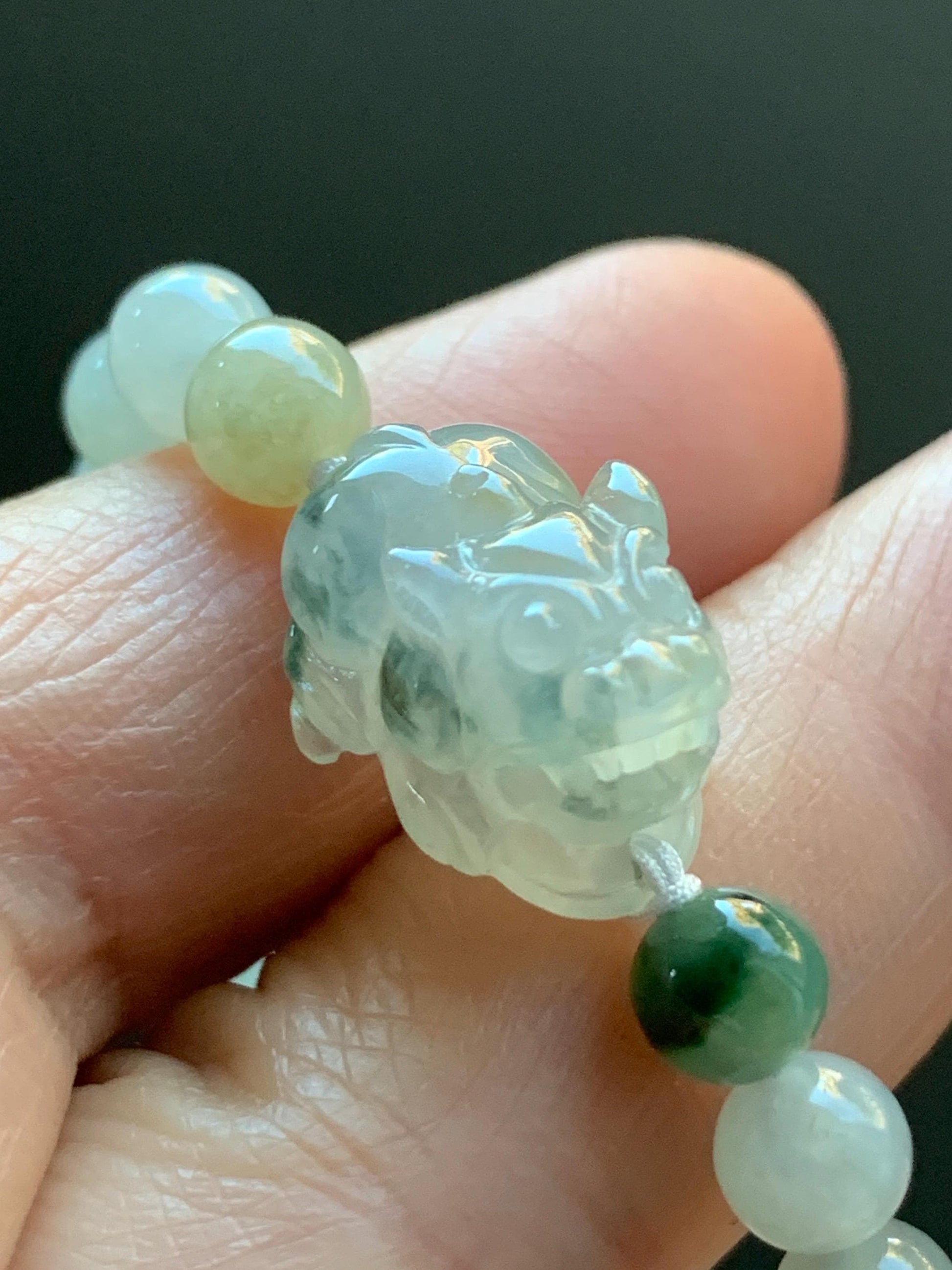 Natural Burmese Icy Translucent Gelatinous Light Beige Teal Green Marbled Jadeite Pixiu Beaded Bracelet 6mm 6.75” 12g 天然缅甸冰胶冰黄飘花翡翠貔貅手串