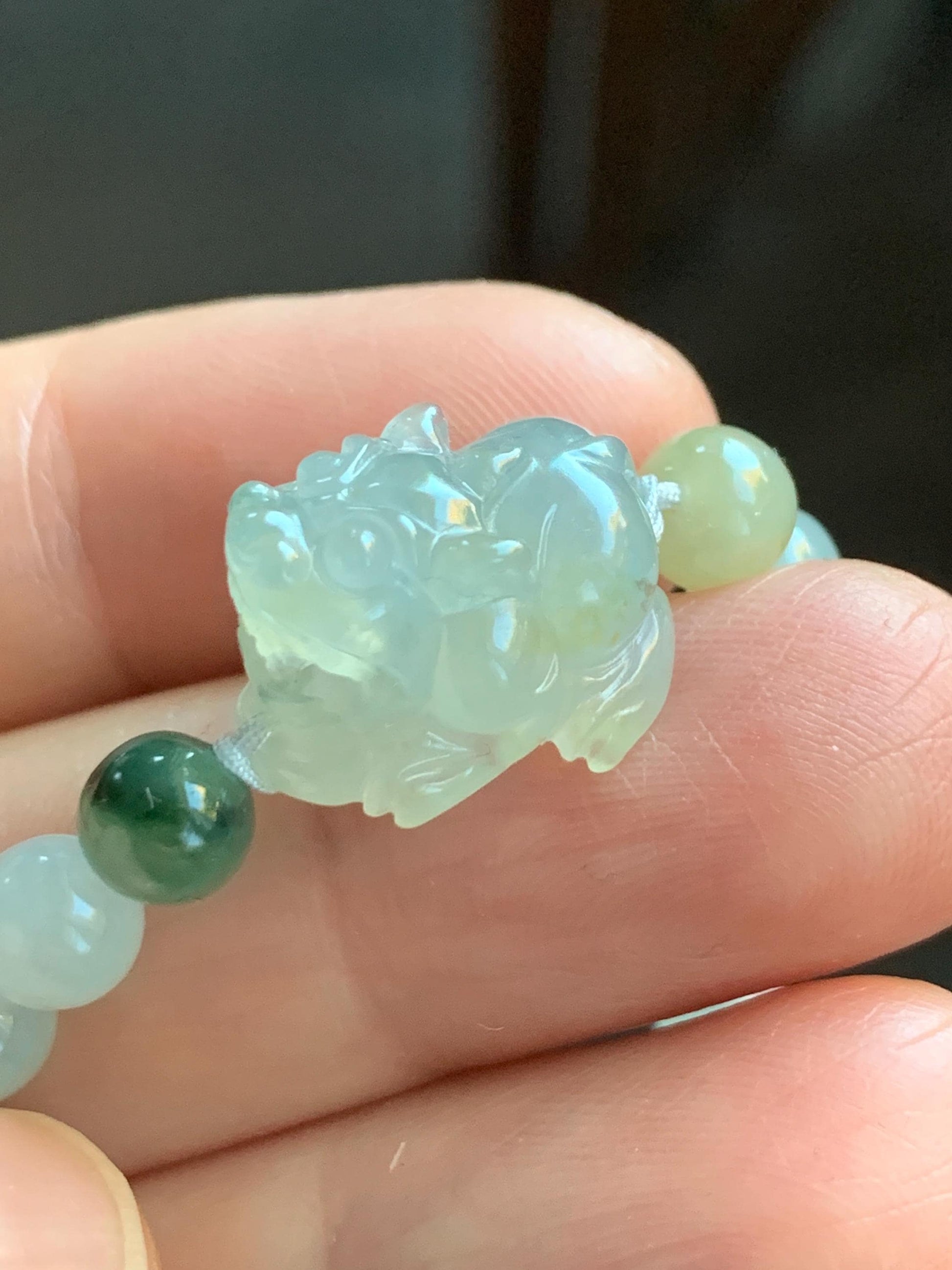 Natural Burmese Icy Translucent Gelatinous Light Beige Teal Green Marbled Jadeite Pixiu Beaded Bracelet 6mm 6.75” 12g 天然缅甸冰胶冰黄飘花翡翠貔貅手串