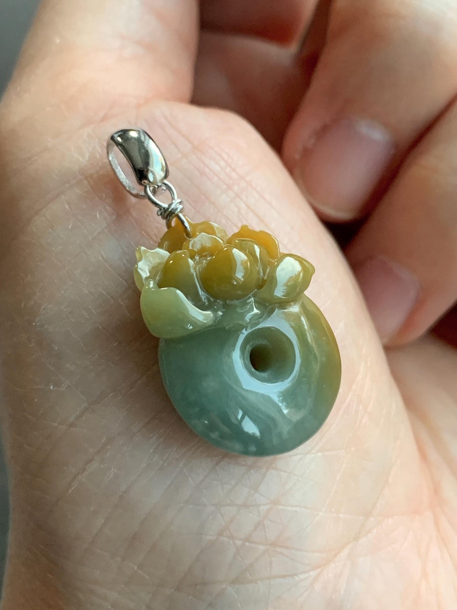 Natural Guatemalan Icy Translucent Light Dusty Blue Yellow Marbled Jadeite Lotus Flower Ping An Kou Donut Pendant 天然冰危蓝加黄翡翠莲花平安扣吊坠