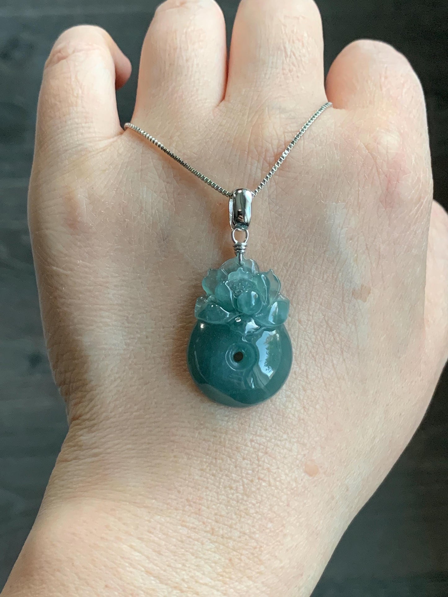 Natural Guatemalan Icy Translucent Dusty Teal Blue Jadeite Lotus Flower Ping An Kou Donut Pendant Sterling Silver 天然冰危蓝翡翠莲花平安扣吊坠