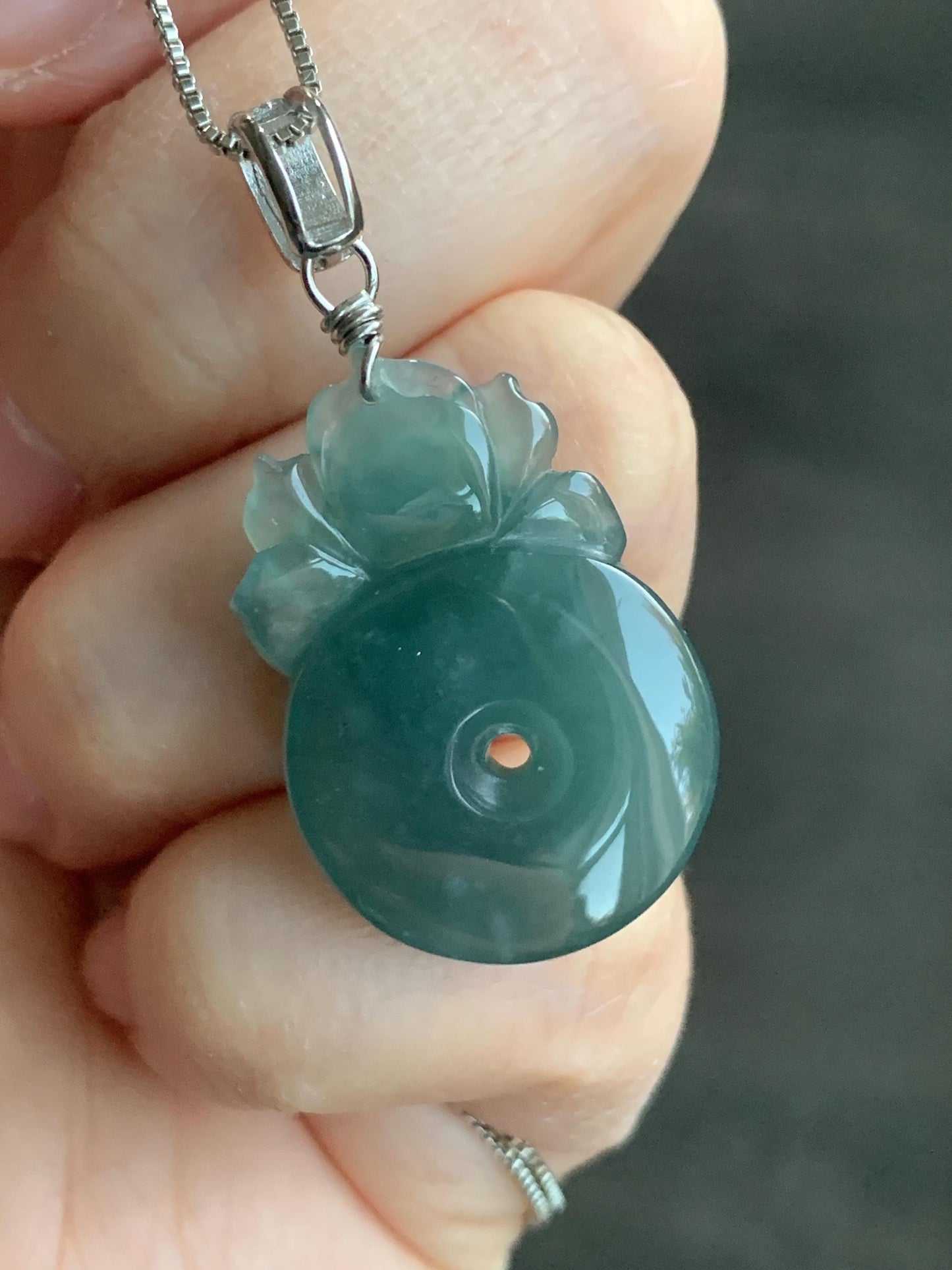 Natural Guatemalan Icy Translucent Dusty Teal Blue Jadeite Lotus Flower Ping An Kou Donut Pendant Sterling Silver 天然冰危蓝翡翠莲花平安扣吊坠