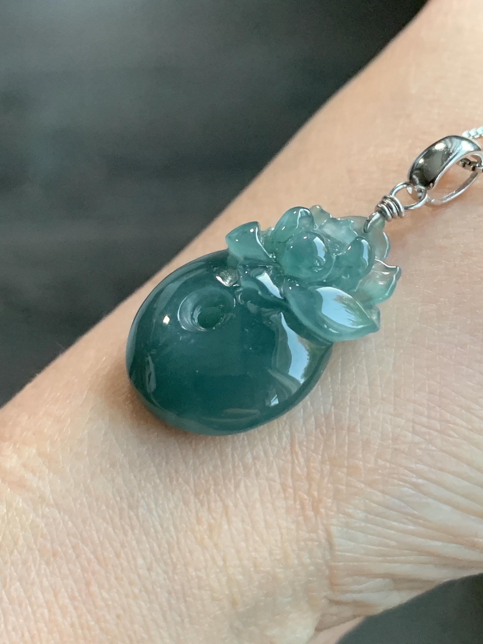 Natural Guatemalan Icy Translucent Dusty Teal Blue Jadeite Lotus Flower Ping An Kou Donut Pendant Sterling Silver 天然冰危蓝翡翠莲花平安扣吊坠