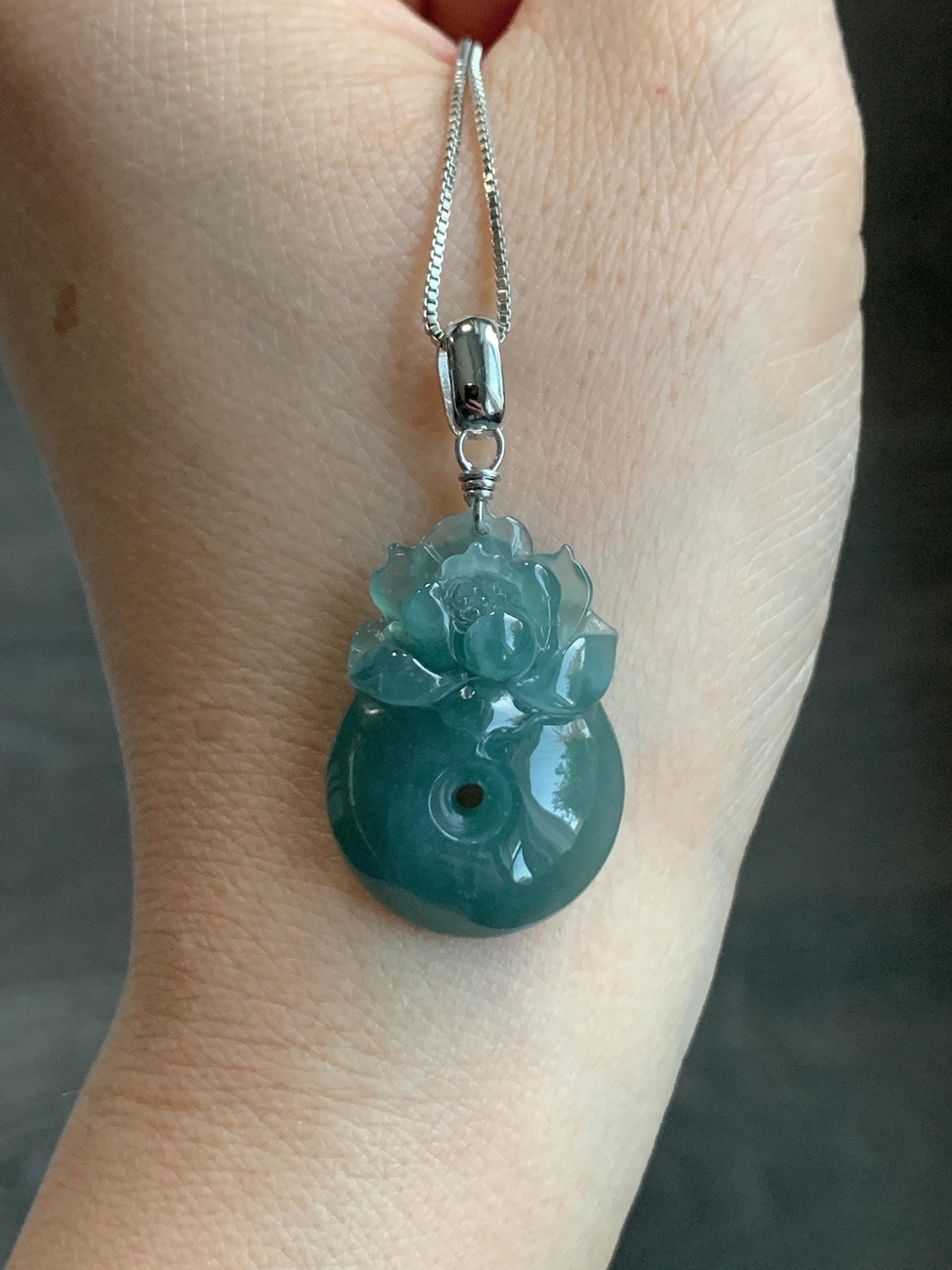 Natural Guatemalan Icy Translucent Dusty Teal Blue Jadeite Lotus Flower Ping An Kou Donut Pendant Sterling Silver 天然冰危蓝翡翠莲花平安扣吊坠