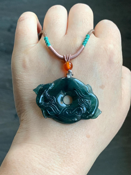 Natural Guatemalan Icy Translucent Dark Teal Green Jadeite Double Koi Fish Ping An Kou Donut Pendant Rope Necklace 26" 天然冰危深蓝绿翡翠双鱼平安扣吊坠