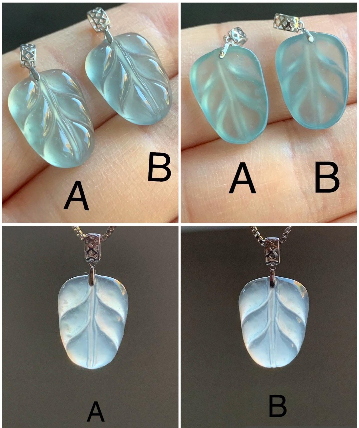 Petite Natural Guatemalan Premium Icy Highly Translucent Pale Blue Jadeite Leaf Pendant 18K White Gold 天然老种高冰危淡蓝翡翠叶子大业有成镶嵌吊坠 YDY712