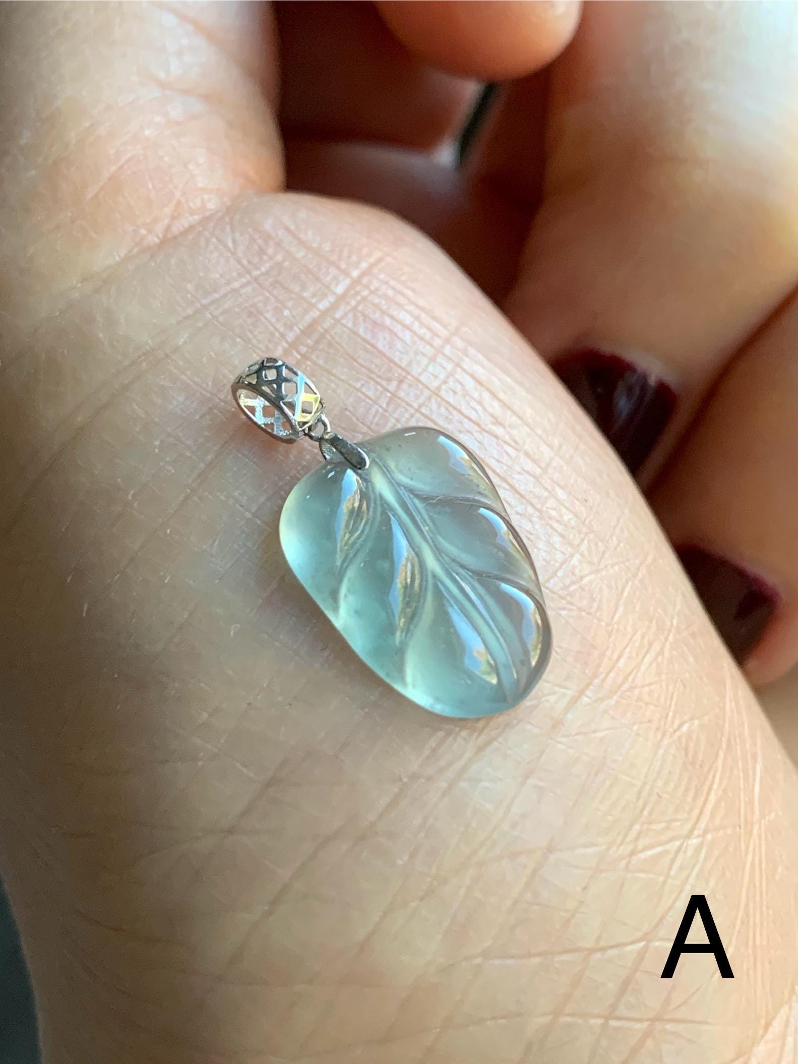 Petite Natural Guatemalan Premium Icy Highly Translucent Pale Blue Jadeite Leaf Pendant 18K White Gold 天然老种高冰危淡蓝翡翠叶子大业有成镶嵌吊坠 YDY712