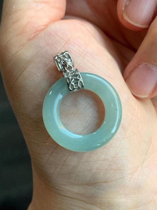 Natural Burmese Icy Translucent Gelatinous Light Green Jadeite Ping An Kou Donut Ring Pendant Sterling Silver & Bracelet 天然缅甸冰胶晴底翡翠平安扣甜甜圈吊坠