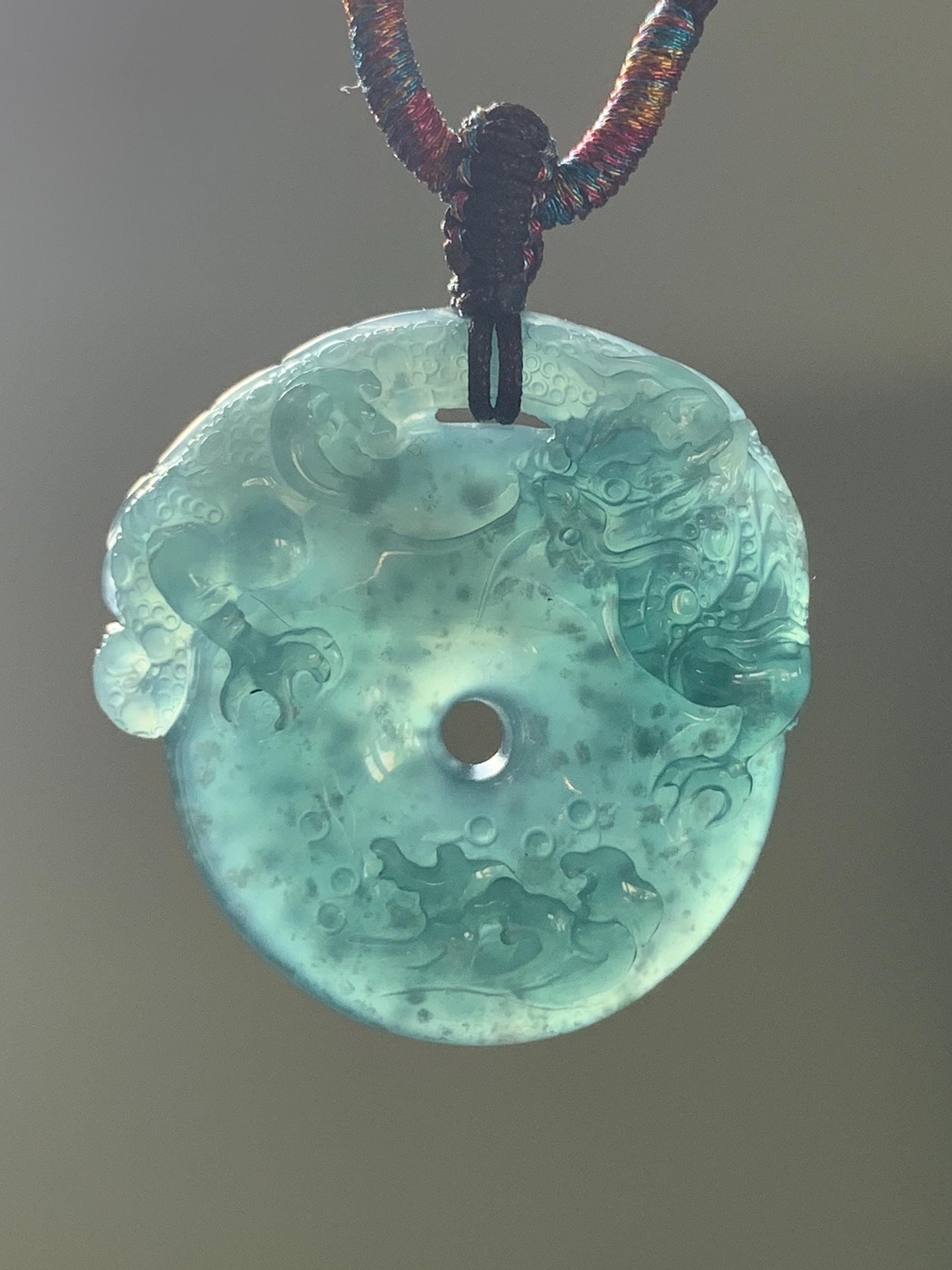 Natural Guatemalan Icy Translucent Dark Teal Blue Snowflake Marbled Jadeite Dragon Ping An Kou Donut Pendant Rope Necklace 天然冰胶危深蓝翡翠盘龙平安扣项链