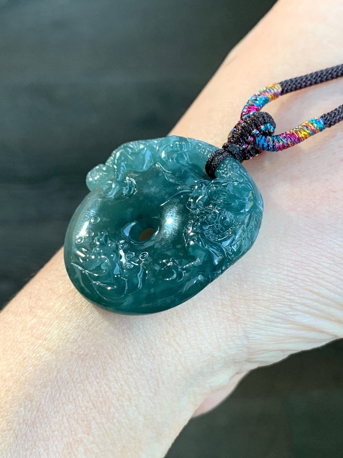 Natural Guatemalan Icy Translucent Dark Teal Blue Snowflake Marbled Jadeite Dragon Ping An Kou Donut Pendant Rope Necklace 天然冰胶危深蓝翡翠盘龙平安扣项链