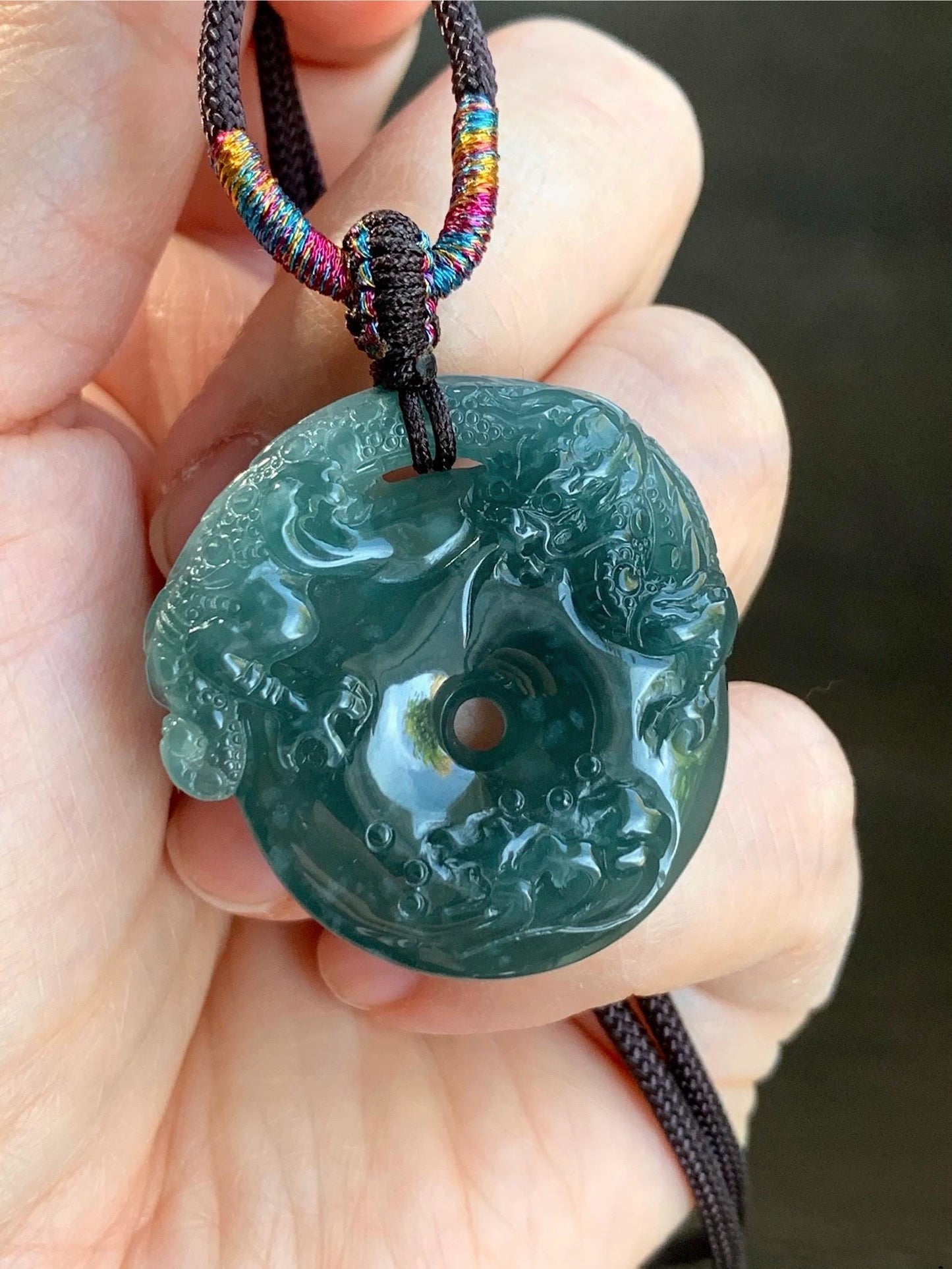 Natural Guatemalan Icy Translucent Dark Teal Blue Snowflake Marbled Jadeite Dragon Ping An Kou Donut Pendant Rope Necklace 天然冰胶危深蓝翡翠盘龙平安扣项链