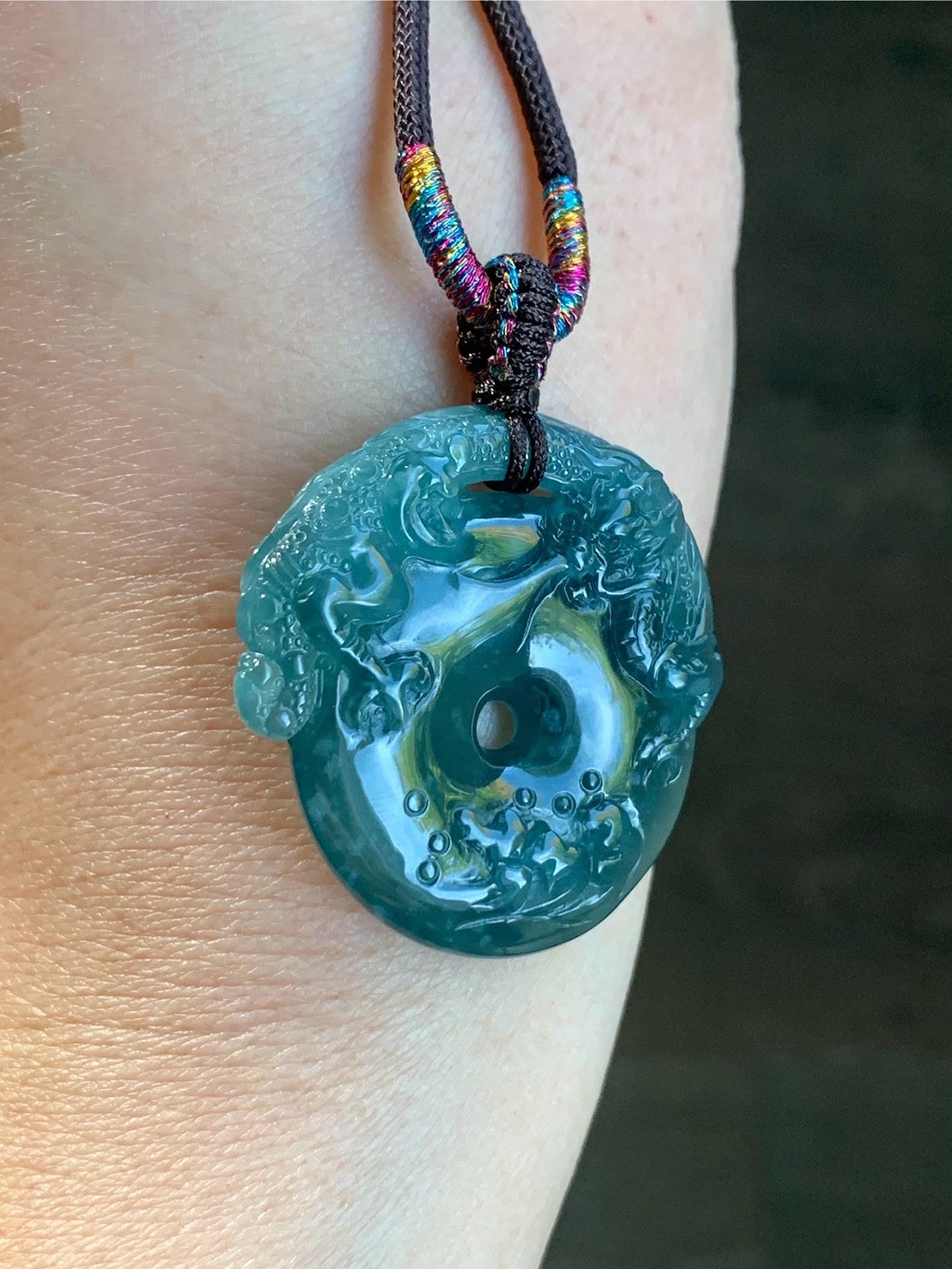 Natural Guatemalan Icy Translucent Dark Teal Blue Snowflake Marbled Jadeite Dragon Ping An Kou Donut Pendant Rope Necklace 天然冰胶危深蓝翡翠盘龙平安扣项链