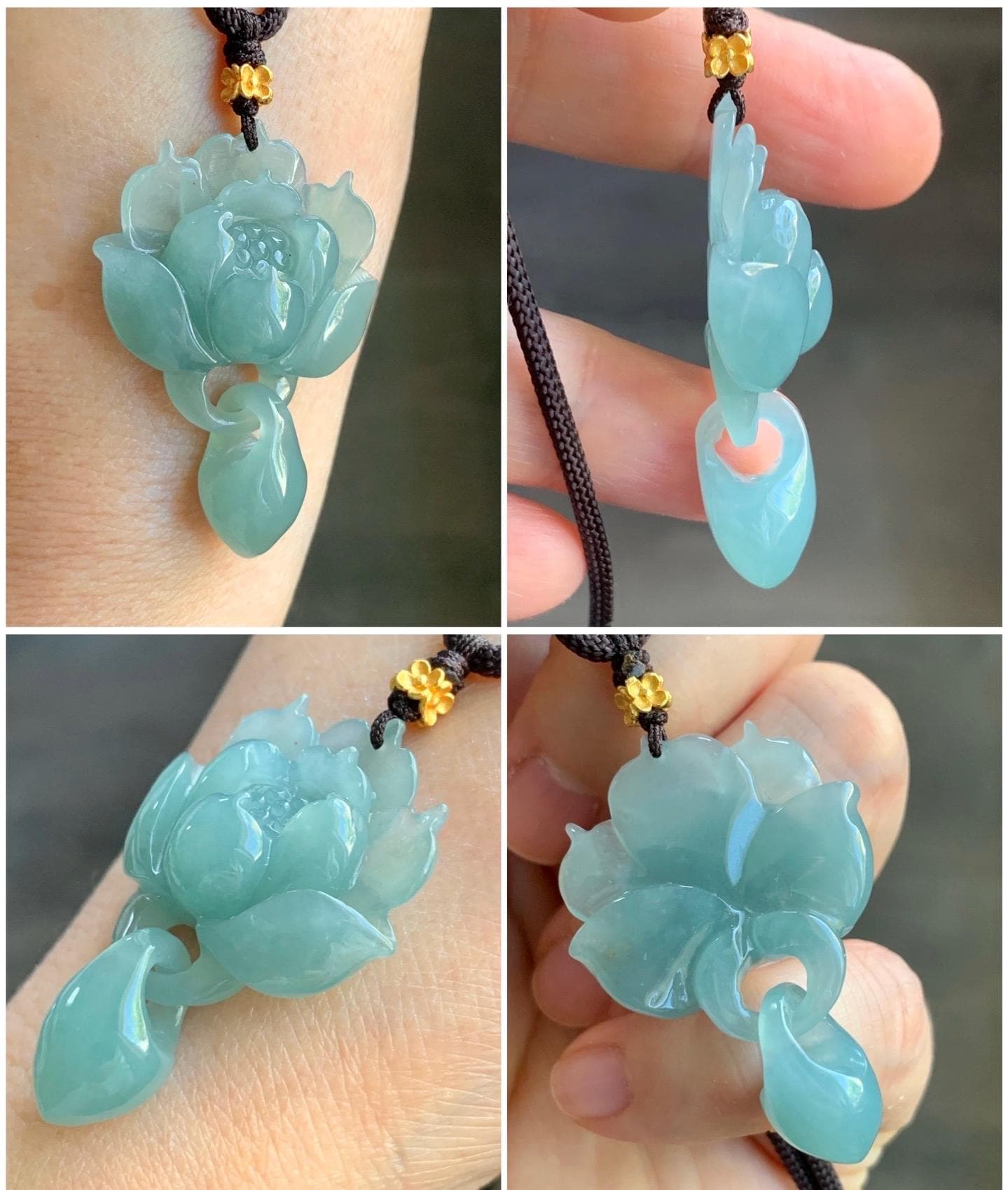 Certified Natural Guatemalan Icy Translucent Light Teal Blue Jadeite Lotus Flower Interlocked Teardrop Pendant Necklace 天然冰胶危浅蓝翡翠荷花环环相扣吊坠