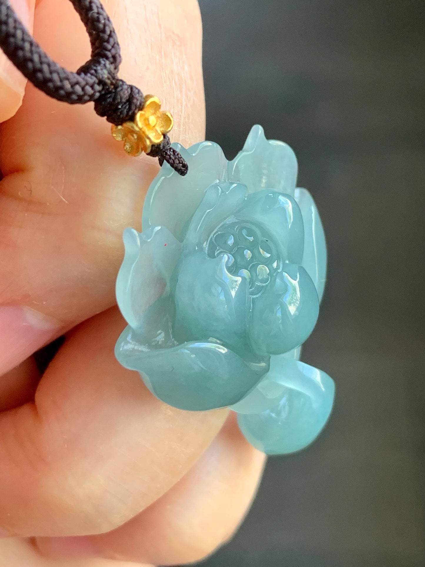 Certified Natural Guatemalan Icy Translucent Light Teal Blue Jadeite Lotus Flower Interlocked Teardrop Pendant Necklace 天然冰胶危浅蓝翡翠荷花环环相扣吊坠