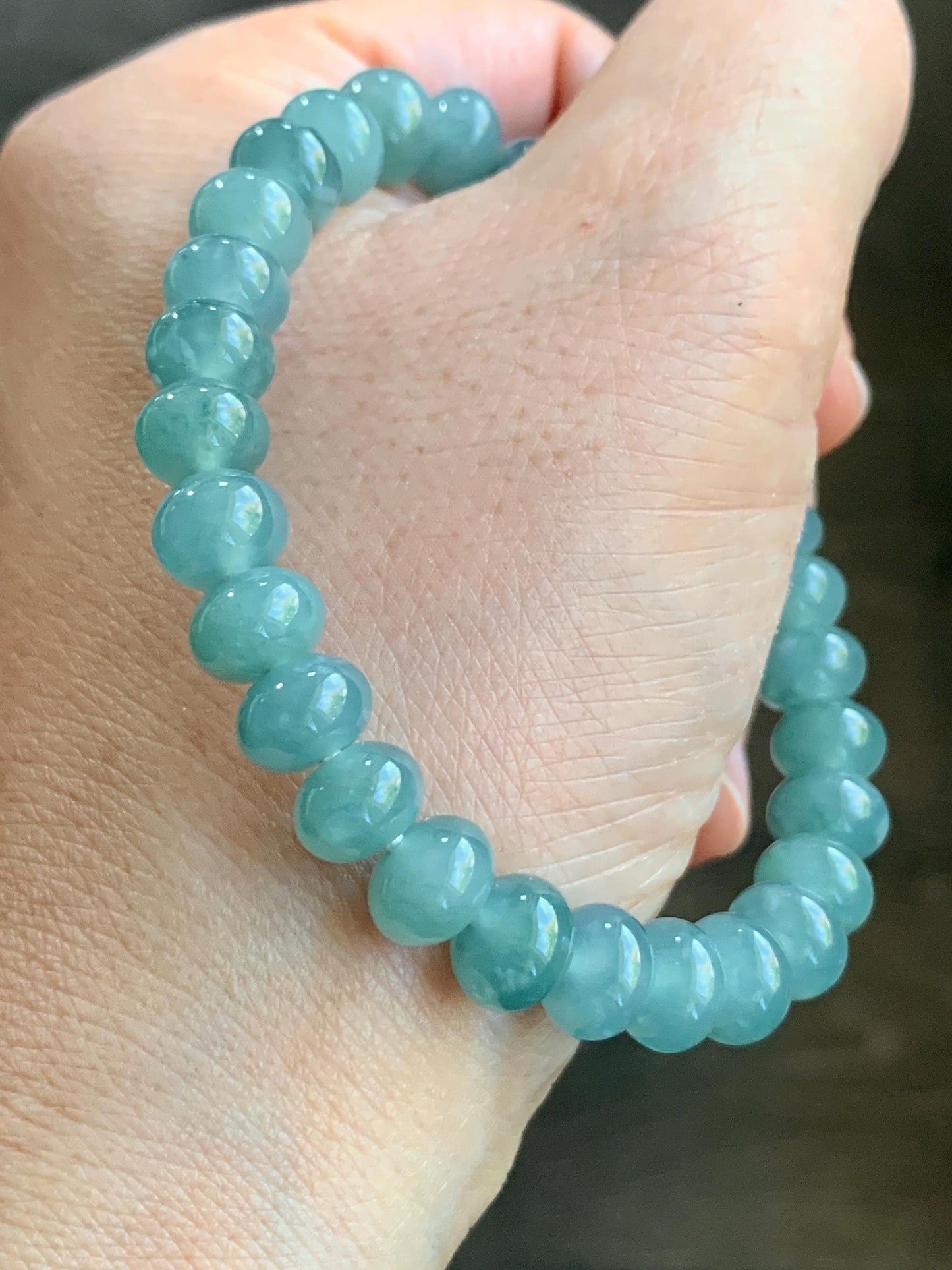 Natural Guatemalan Icy Highly Translucent Gelatinous Teal Blue Jadeite Drum Beads Beaded Bracelet Stretchy 6.75” 22g 天然冰危蓝翡翠鼓珠手串 LLG1122