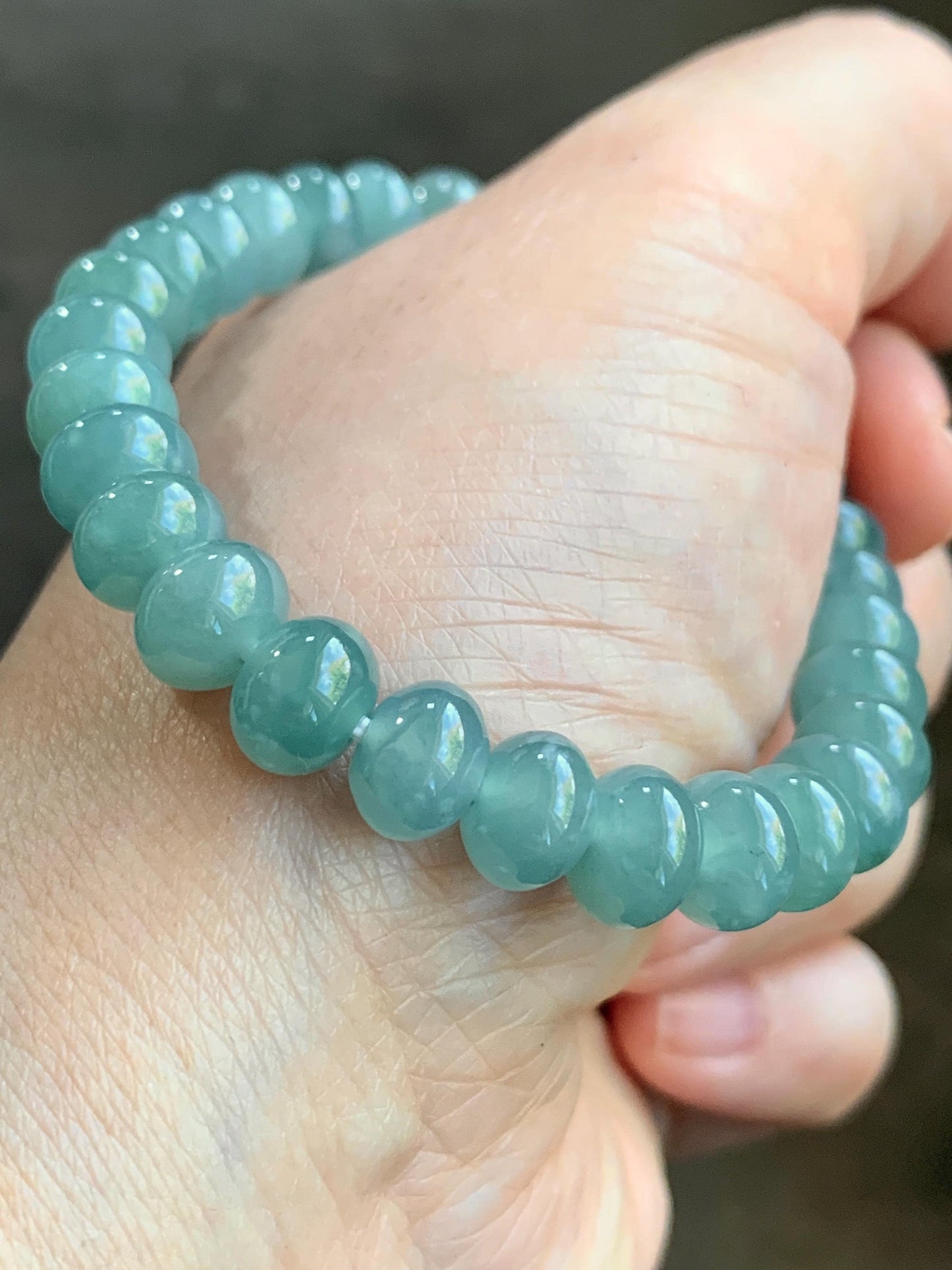 Natural Guatemalan Icy Highly Translucent Gelatinous Teal Blue Jadeite Drum Beads Beaded Bracelet Stretchy 6.75” 22g 天然冰危蓝翡翠鼓珠手串 LLG1122