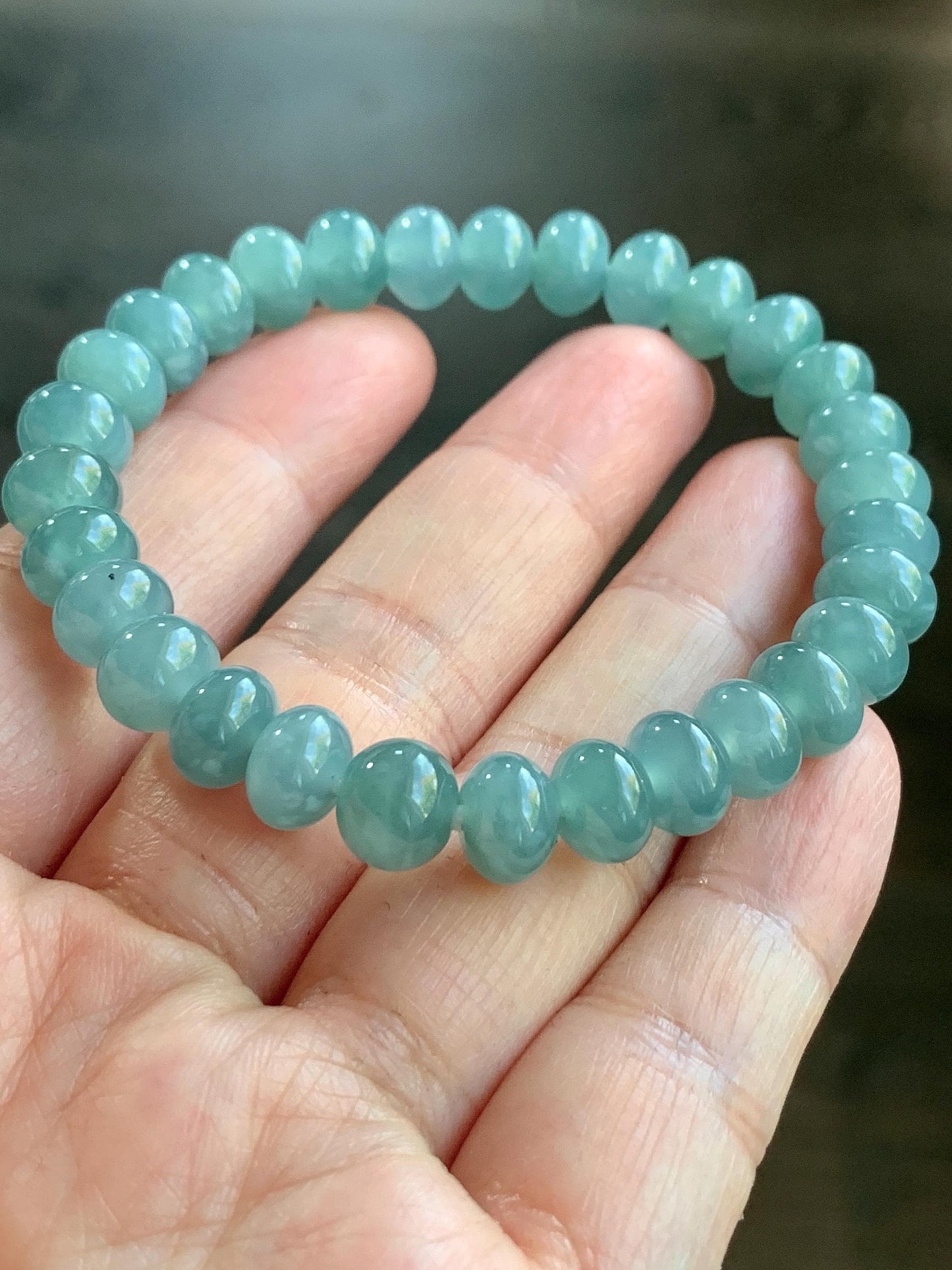 Natural Guatemalan Icy Highly Translucent Gelatinous Teal Blue Jadeite Drum Beads Beaded Bracelet Stretchy 6.75” 22g 天然冰危蓝翡翠鼓珠手串 LLG1122