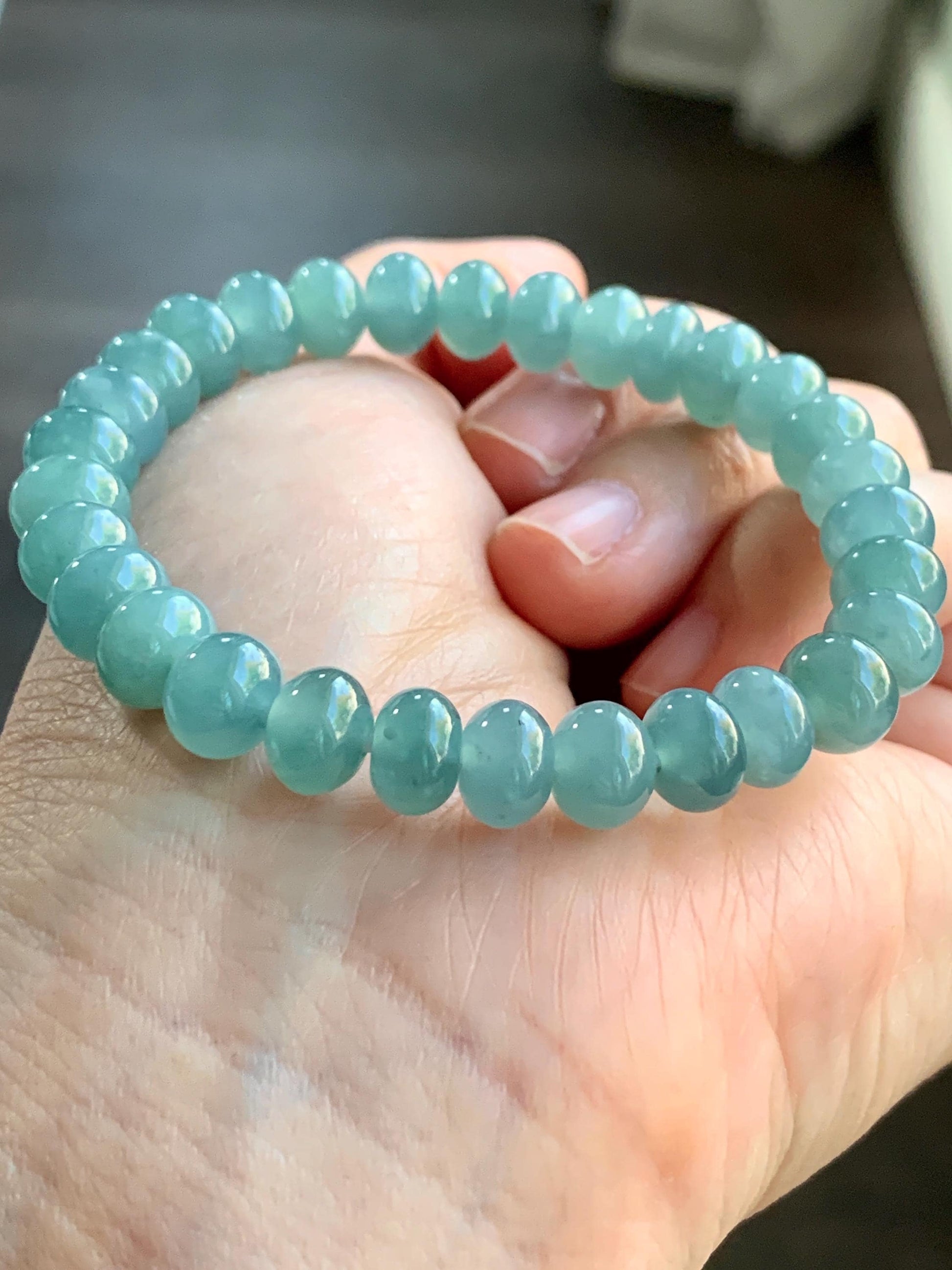 Natural Guatemalan Icy Highly Translucent Gelatinous Teal Blue Jadeite Drum Beads Beaded Bracelet Stretchy 6.75” 22g 天然冰危蓝翡翠鼓珠手串 LLG1122