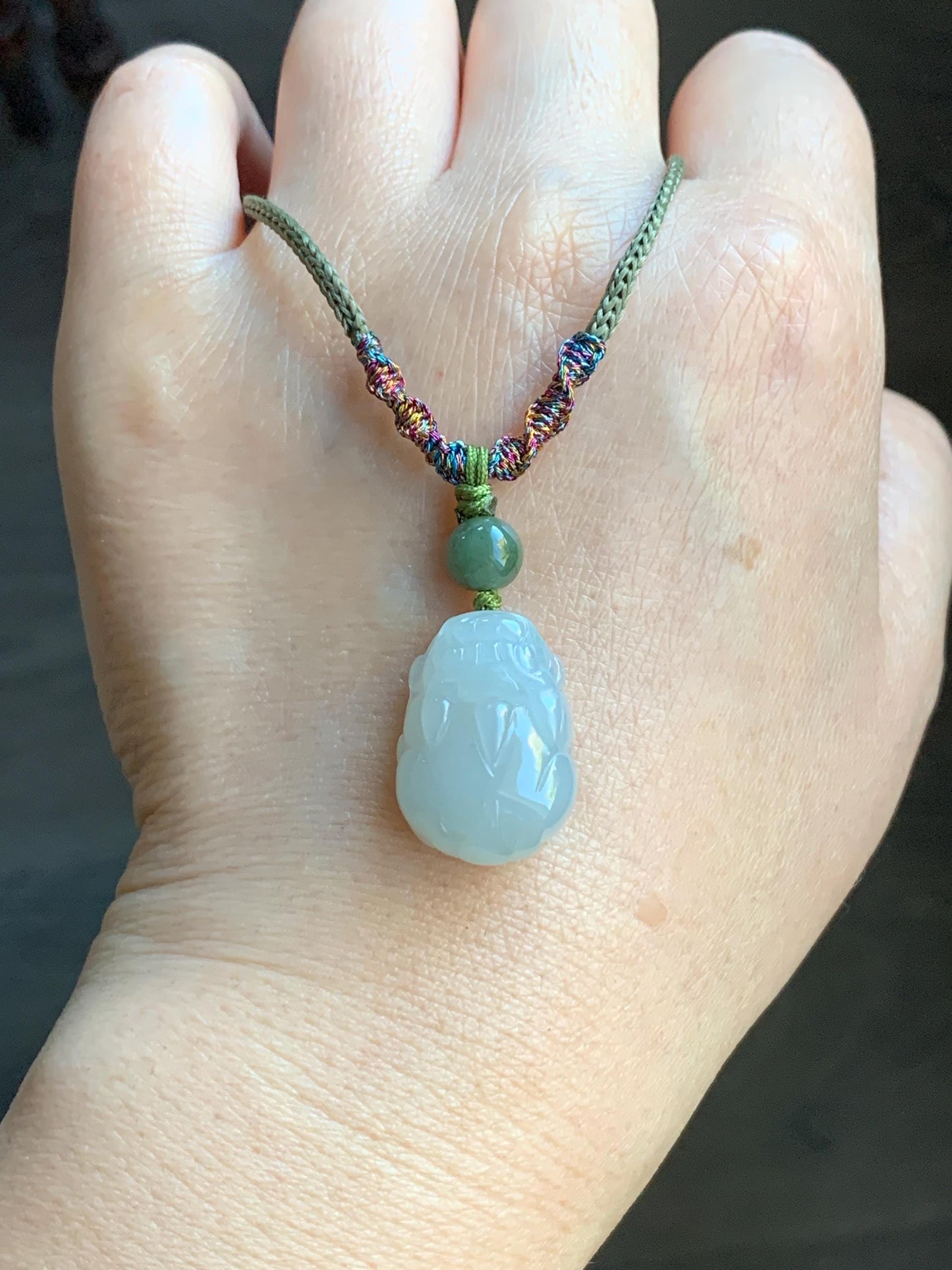 Natural Burmese Icy Translucent Gelatinous Light Dusty Green Jadeite Pixiu Pendant Rope Necklace Adjustable 25” 8g 天然缅甸冰胶晴底翡翠貔貅吊坠