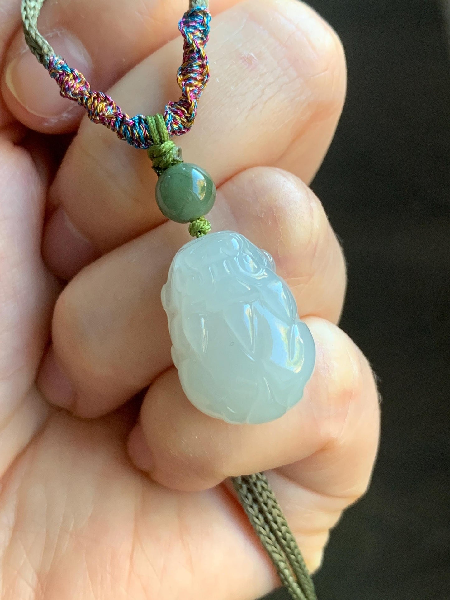 Natural Burmese Icy Translucent Gelatinous Light Dusty Green Jadeite Pixiu Pendant Rope Necklace Adjustable 25” 8g 天然缅甸冰胶晴底翡翠貔貅吊坠