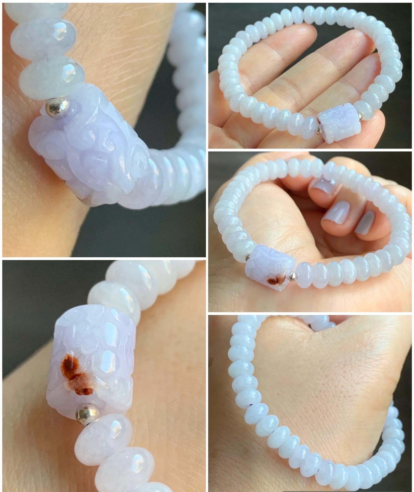 Natural Burmese Icy Translucent Light Lavender Jadeite Engraved Barrel Bead Drum Beads Beaded Bracelet 7.25” 20g 天然缅甸冰淡紫翡翠仿古雕桶珠翡翠鼓珠手串 DZG102