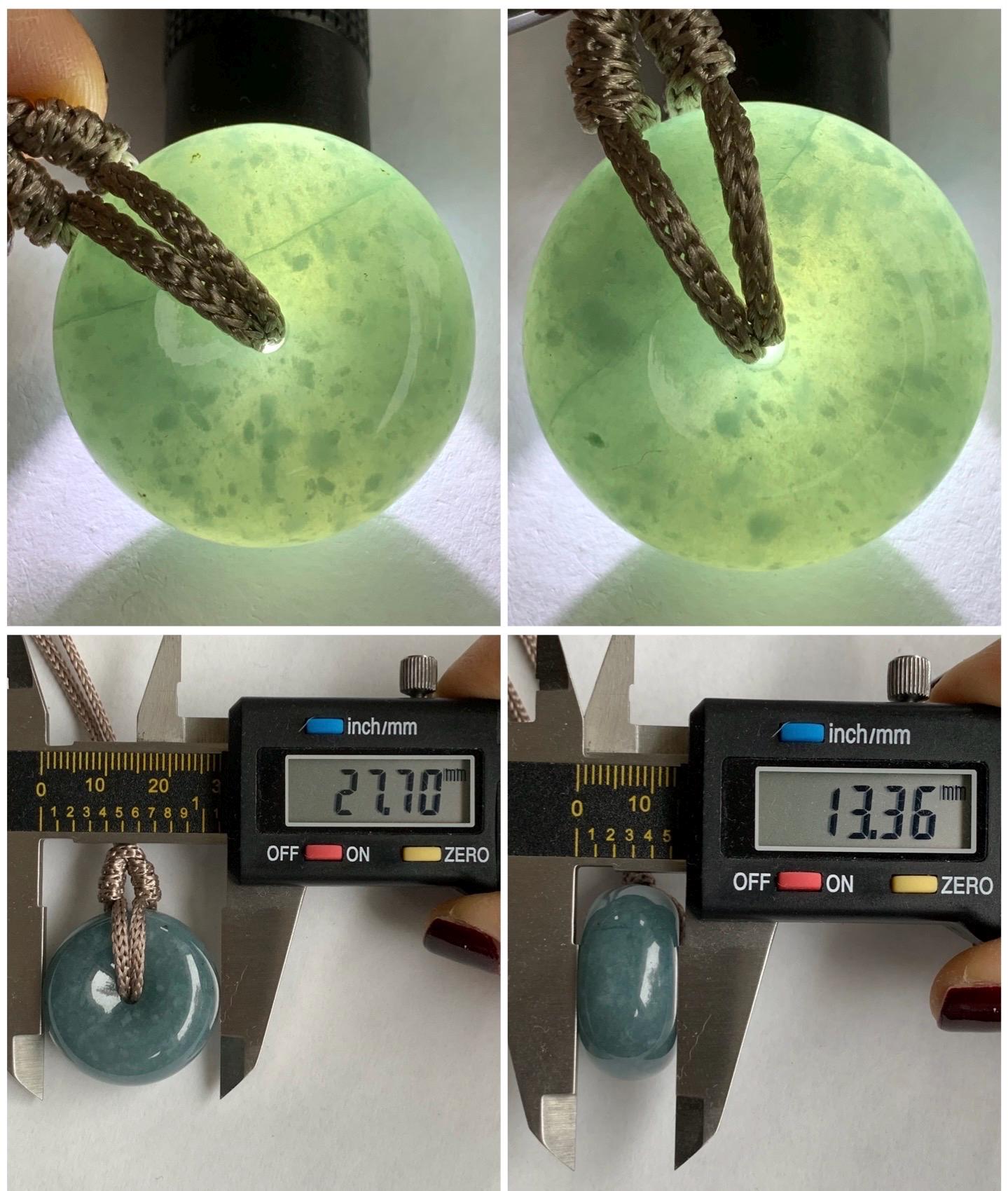 Large Natural Guatemalan Icy Translucent Dark Teal Blue Jadeite Thick Ping An Kou Donut Pendant Rope Necklace Adjustable 25" 天然冰危深蓝翡翠平安肥扣吊坠