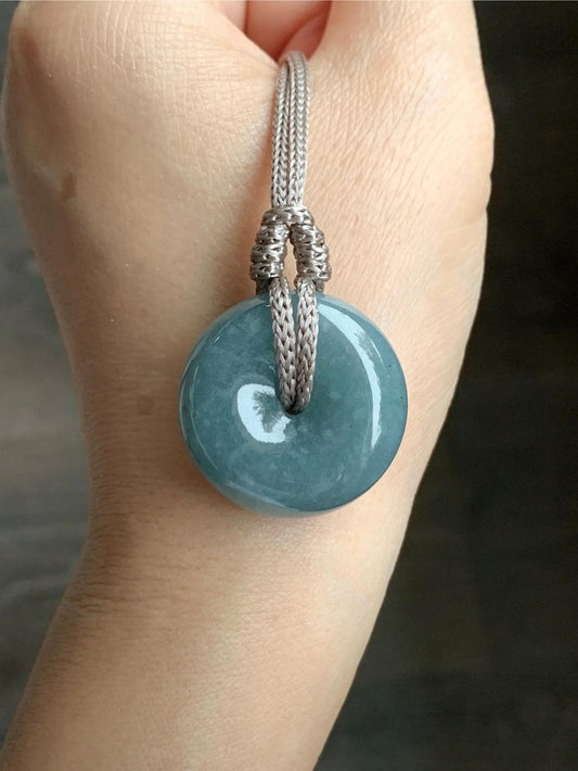 Large Natural Guatemalan Icy Translucent Dark Teal Blue Jadeite Thick Ping An Kou Donut Pendant Rope Necklace Adjustable 25" 天然冰危深蓝翡翠平安肥扣吊坠